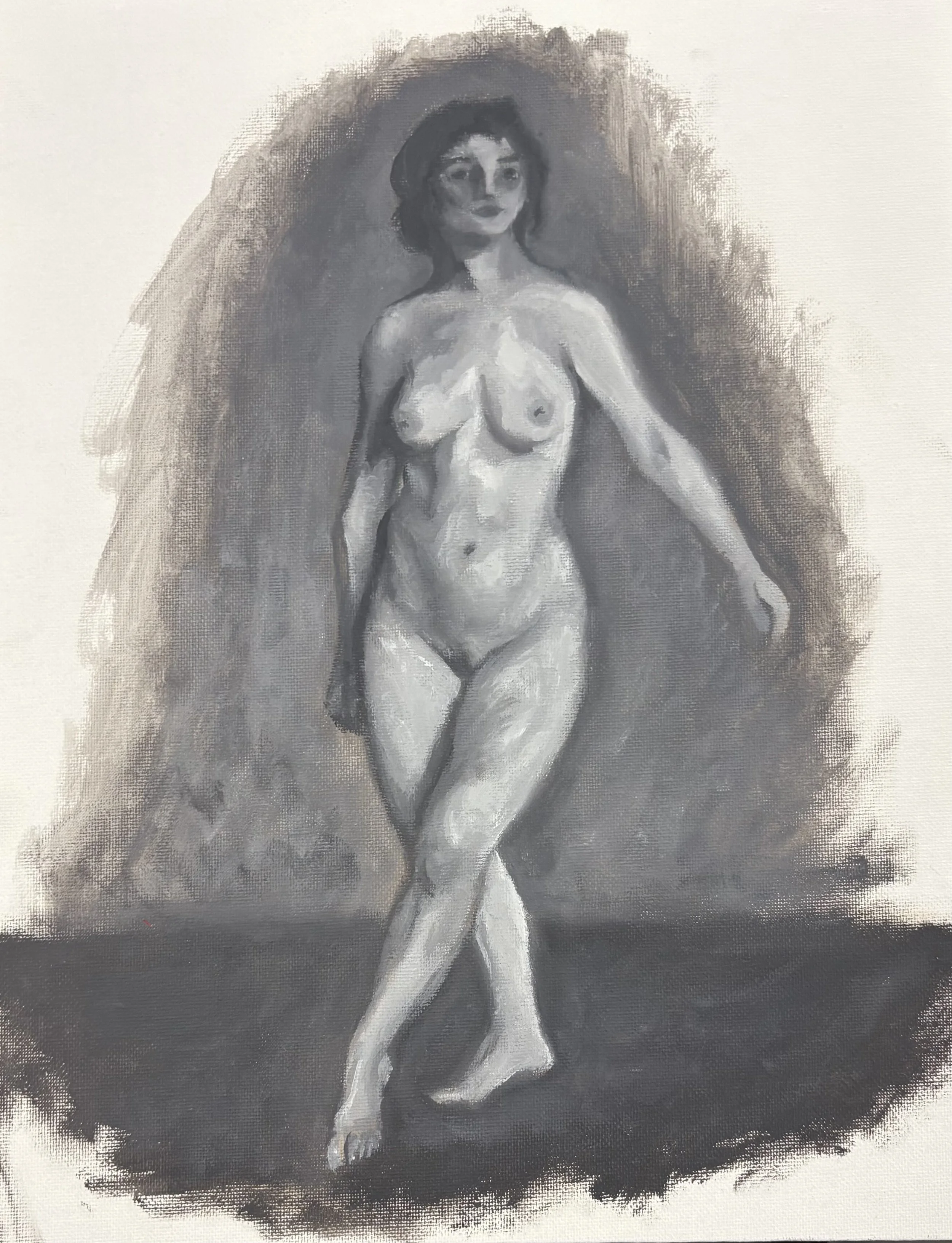 A grayscale painting of a nude woman walking, with one foot slightly raised, and a hat on her head. She is positioned against a dark, textured background.