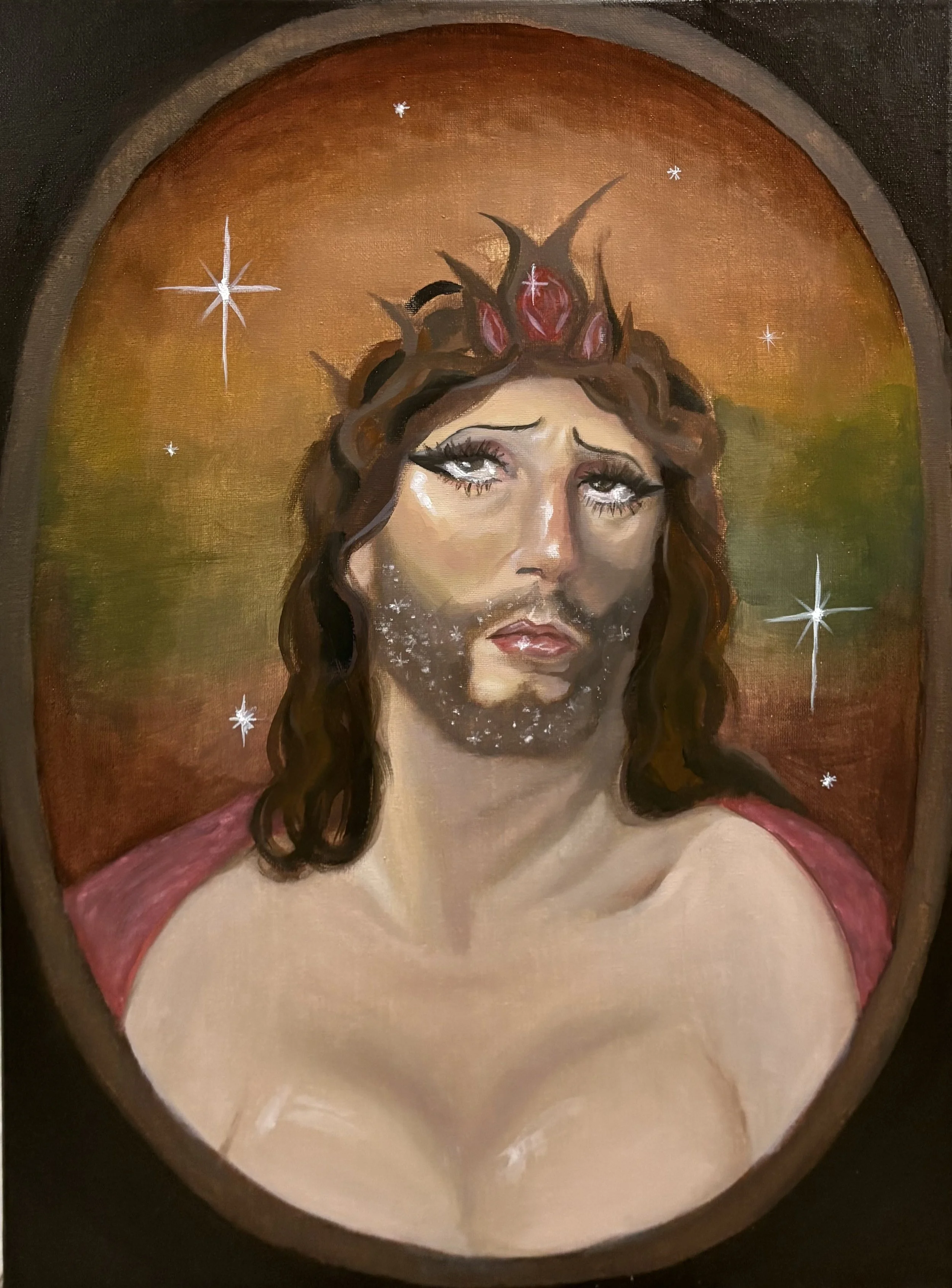 Painting of a woman with long hair, with a crown of thorns and blood on her face, set against a colorful background with stars.
