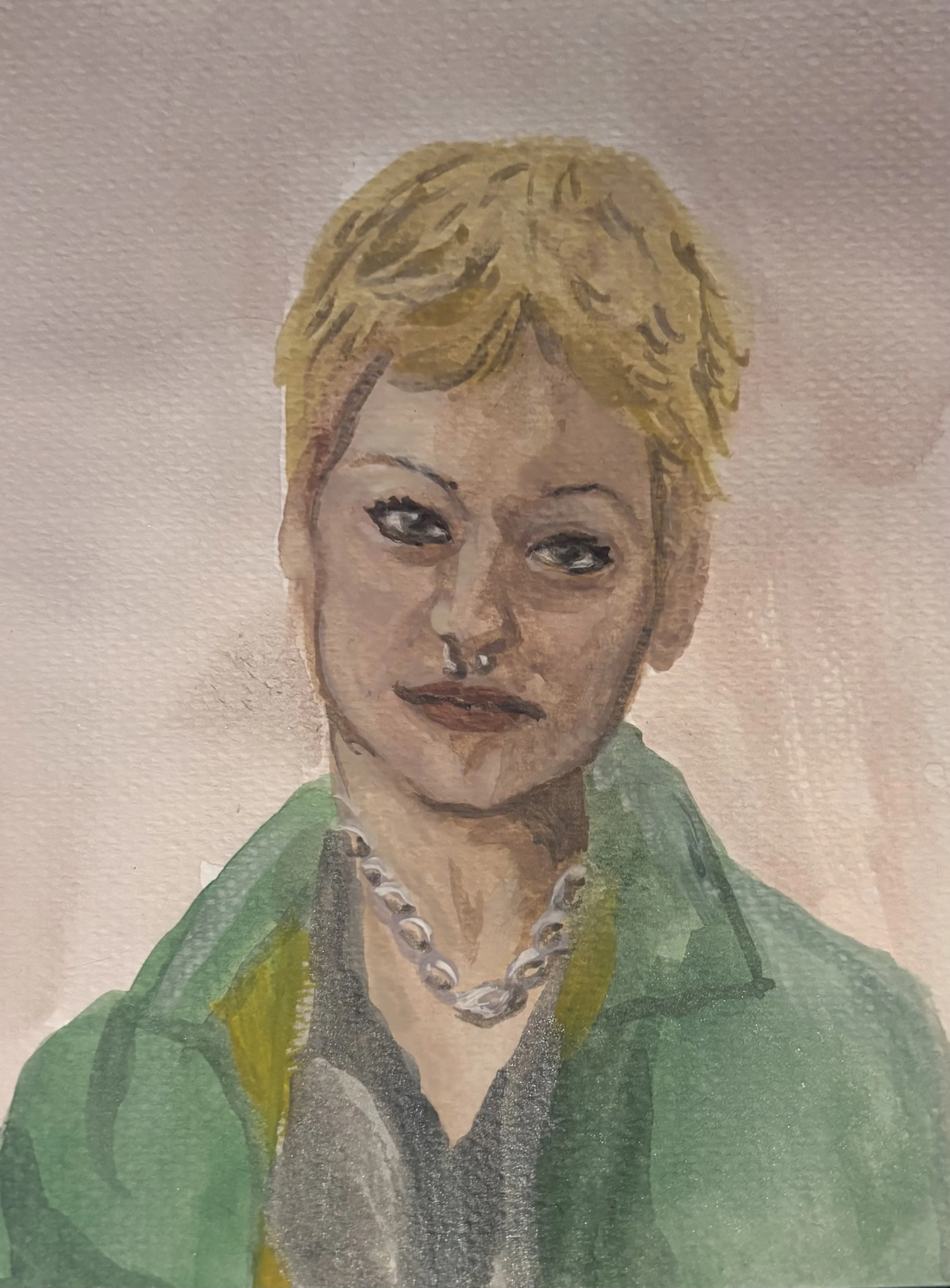 Watercolor portrait of a woman with short blonde hair, wearing a green jacket, black top, a pearl necklace, and a septum piercing, with a pink background.