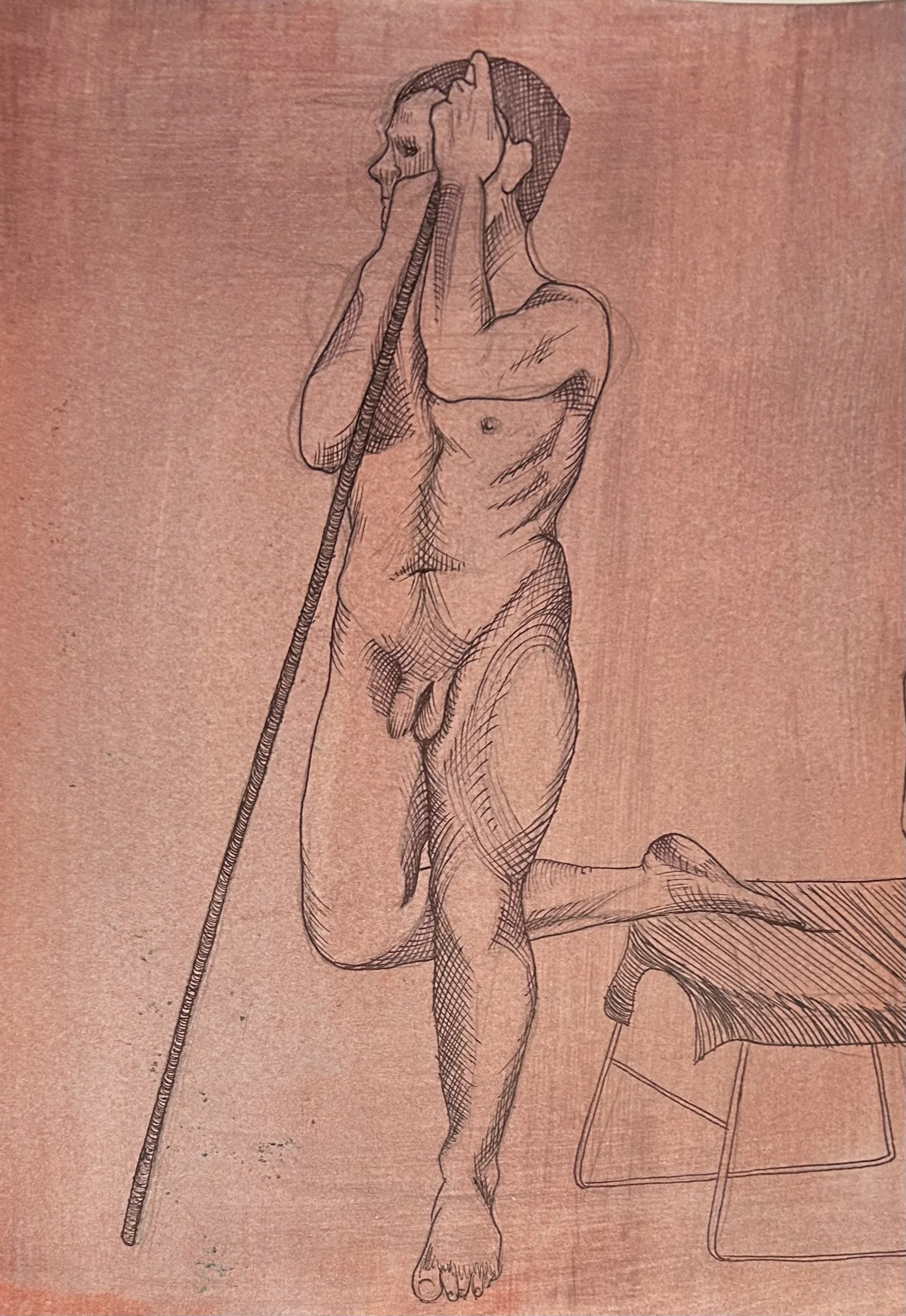 A simple line drawing of a kneeling nude man holding a staff, with one hand behind his ear and the other holding the staff. There is a dresser or chair with a cloth draped over it behind him.