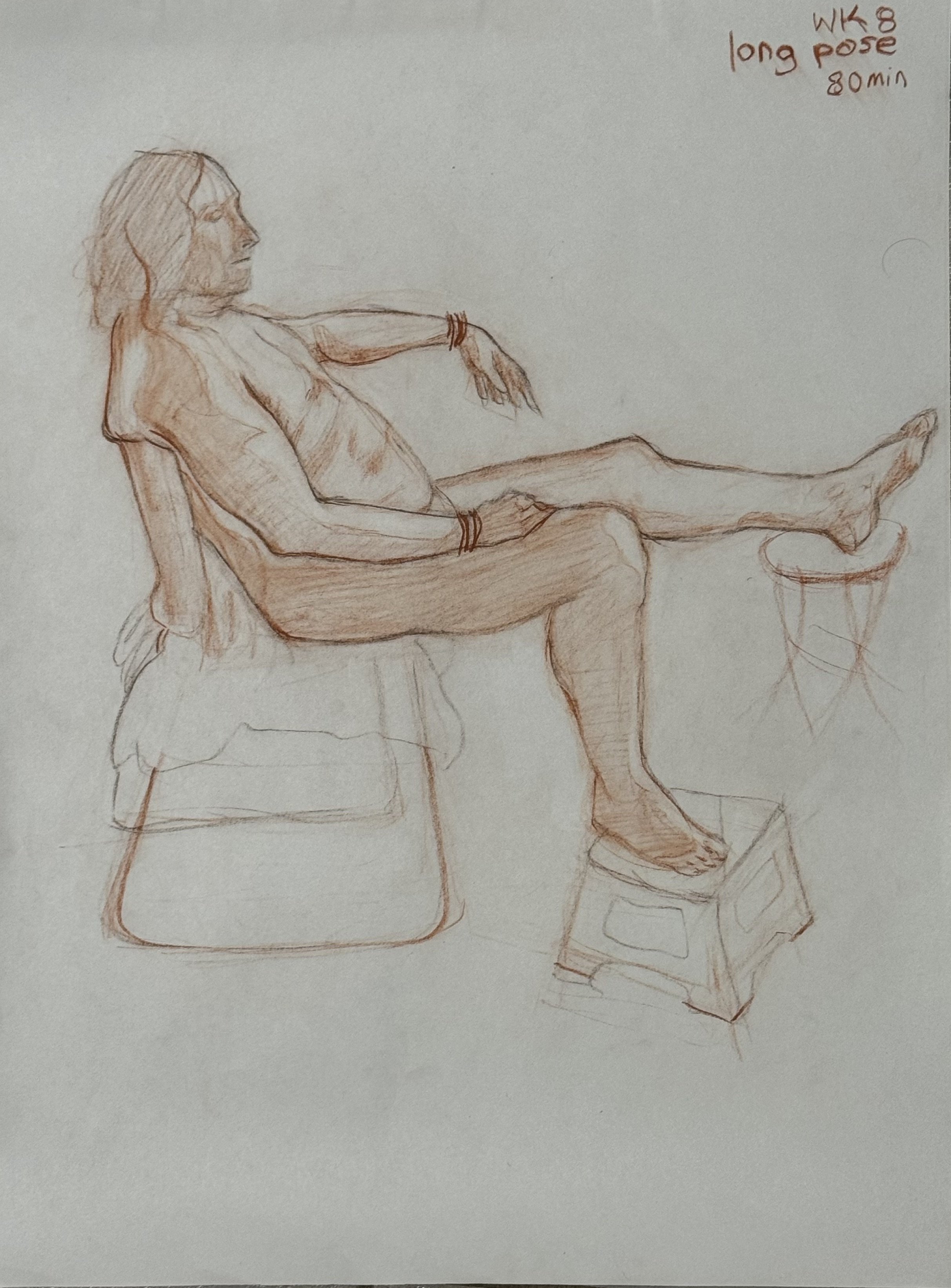 A sketch of a person sitting on a pouf with one leg extended and resting on a small stool, wearing a short-sleeved top and pants, with long hair and bracelets.