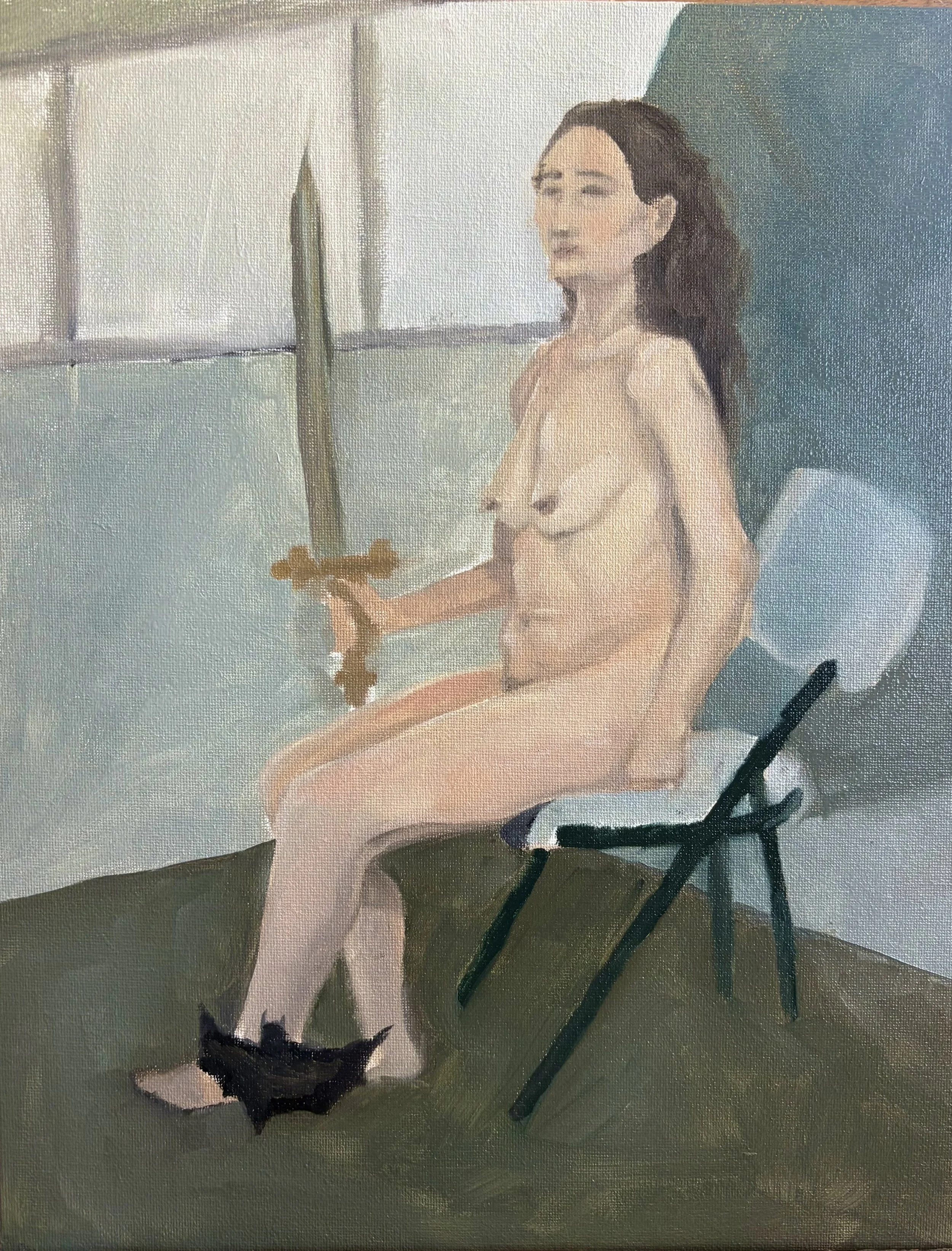 A painting of a nude woman sitting on a chair holding a sword, with a black cat at her feet, indoors with minimal background details.