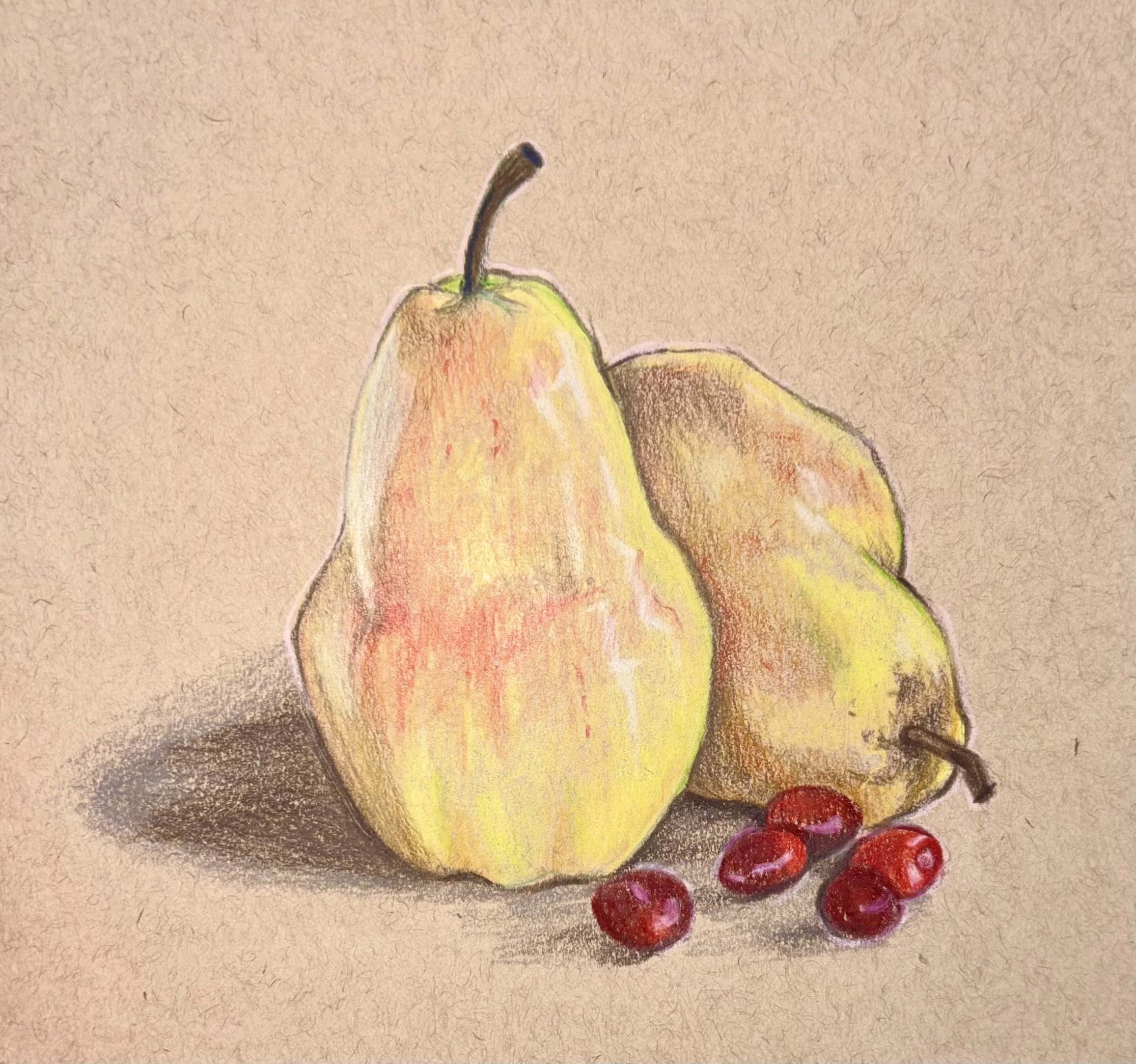 Colored pencil drawing of two pears and five red grapes on beige background.