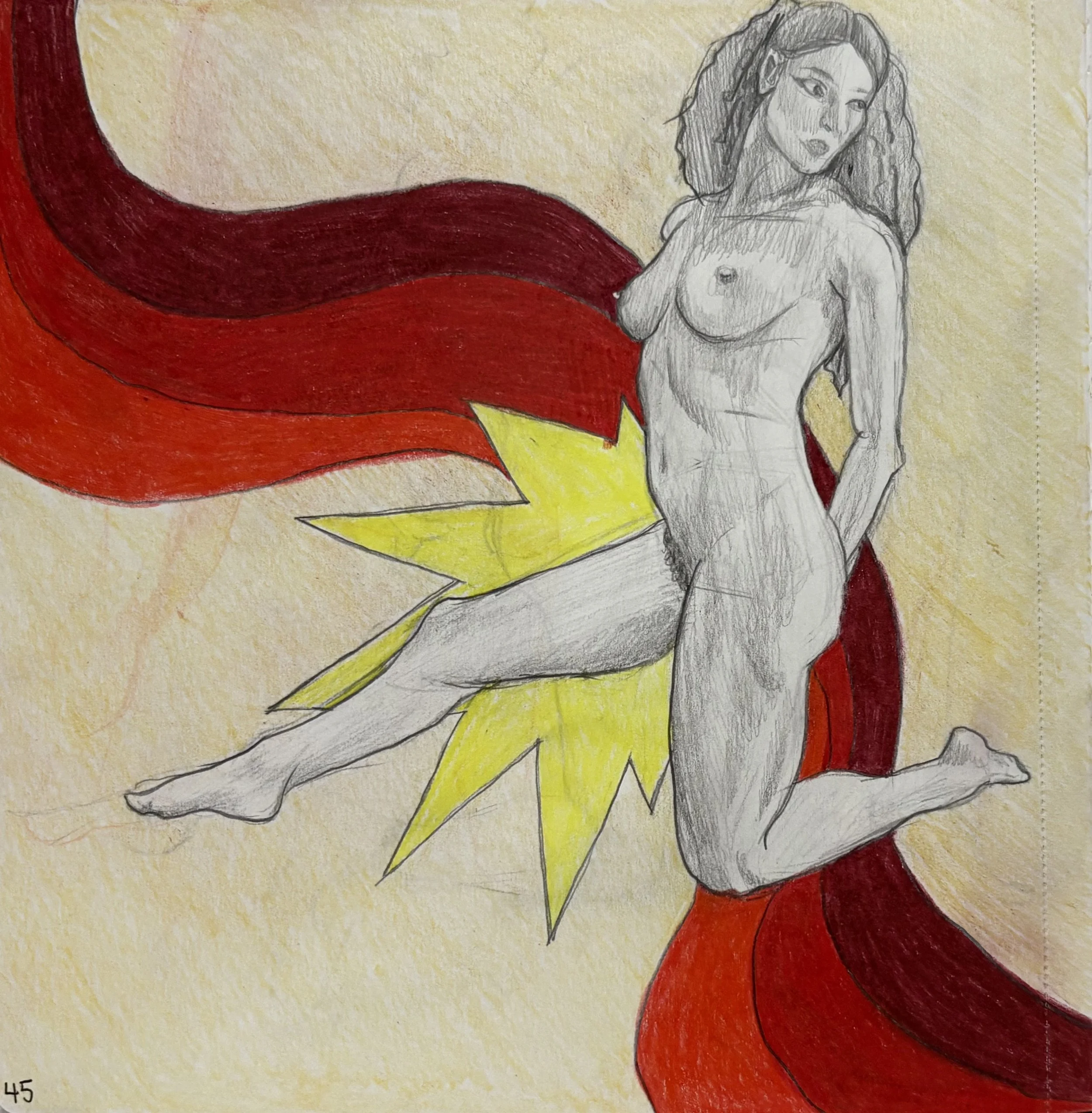 A sketch of a nude woman with long wavy hair, with colored red, maroon, and yellow streaks flowing behind her.