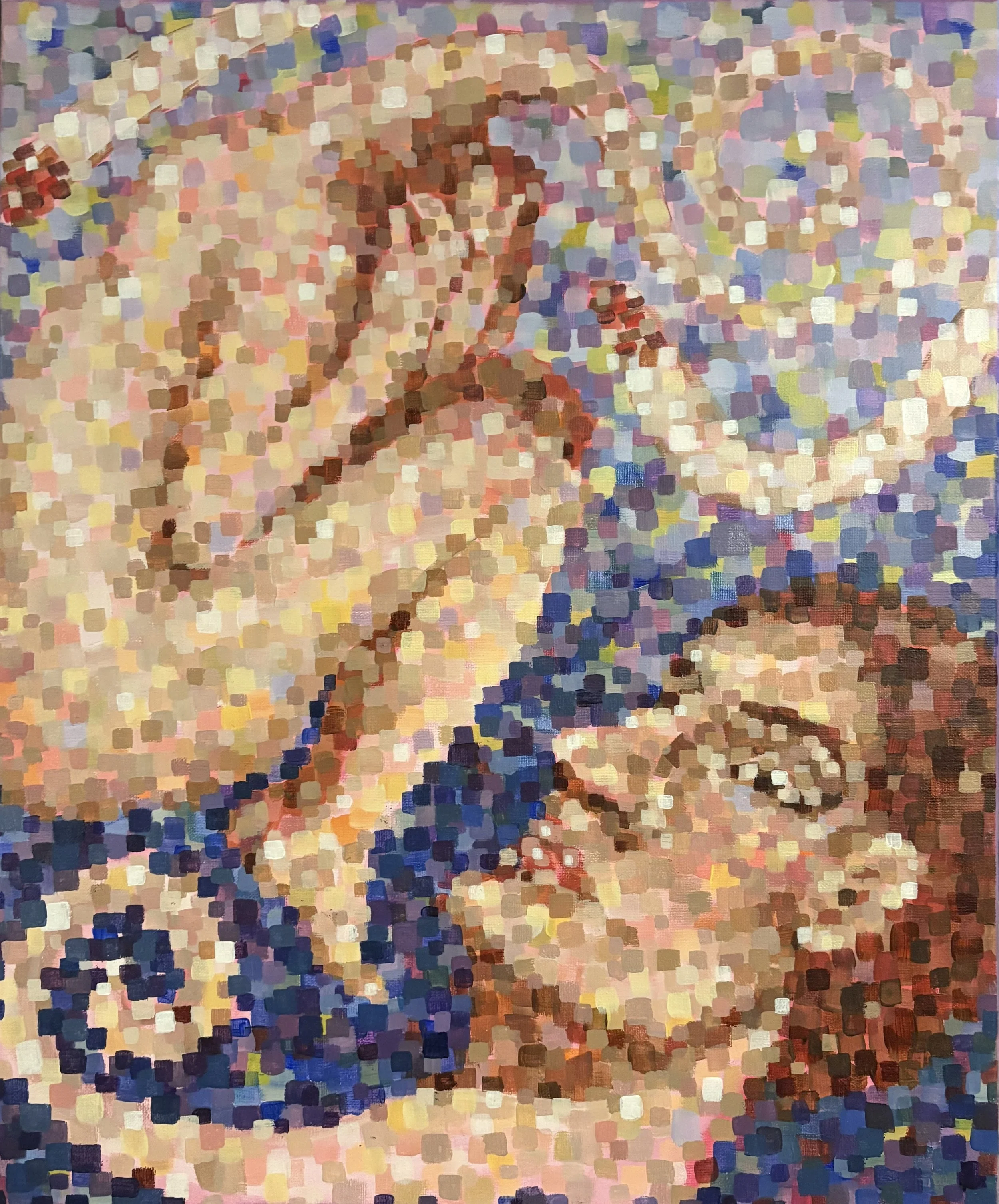 A painting of a nude woman with curly hair, depicted in an impressionist style with pixelated, colorful brushstrokes.