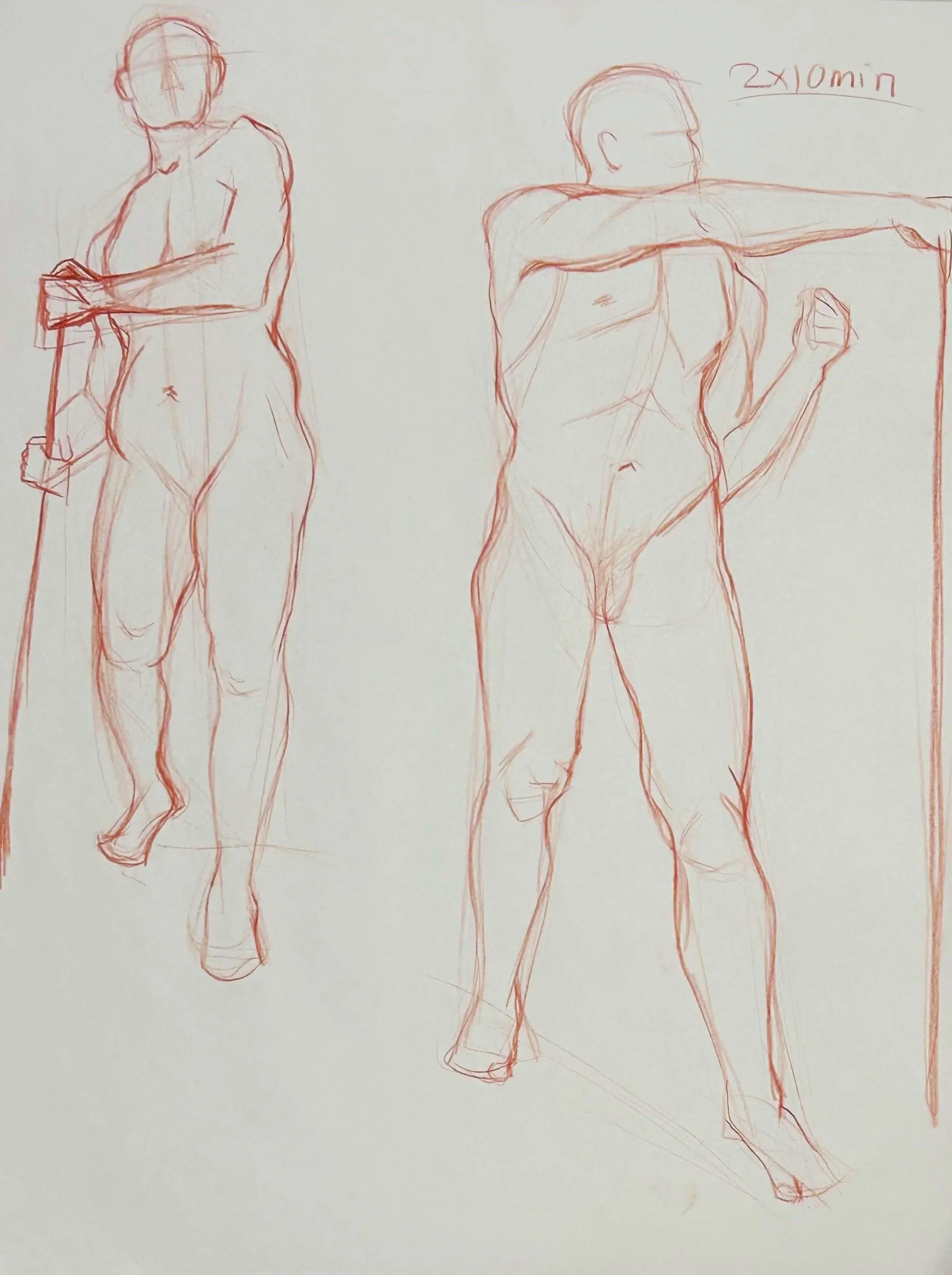 Sketch of two human figures in different poses, drawn in red pencil, with notes indicating a 2x10 minute practice session.