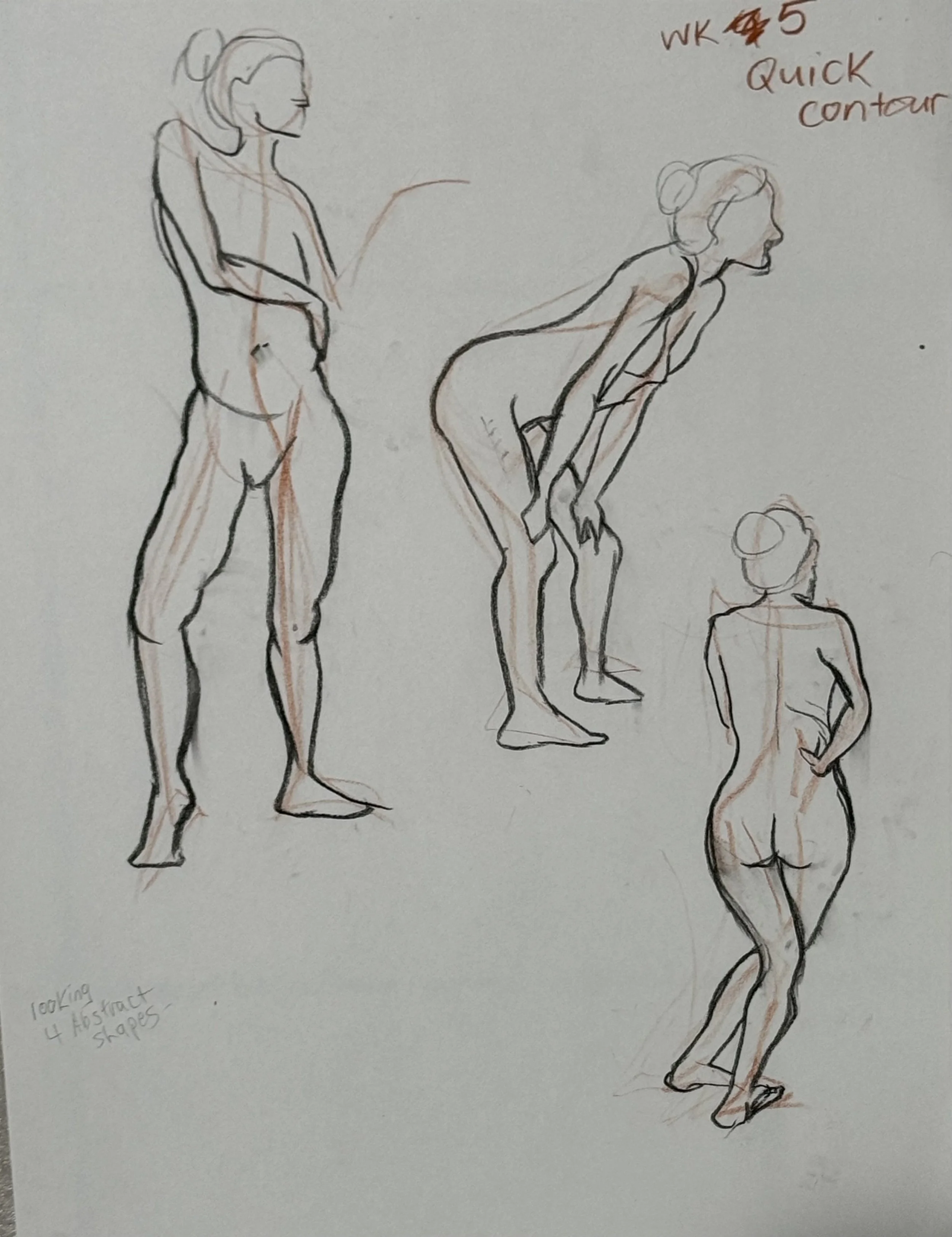 Sketches of a woman in various poses practicing quick contour drawing, with notes indicating week 5 and focus on abstract shapes.