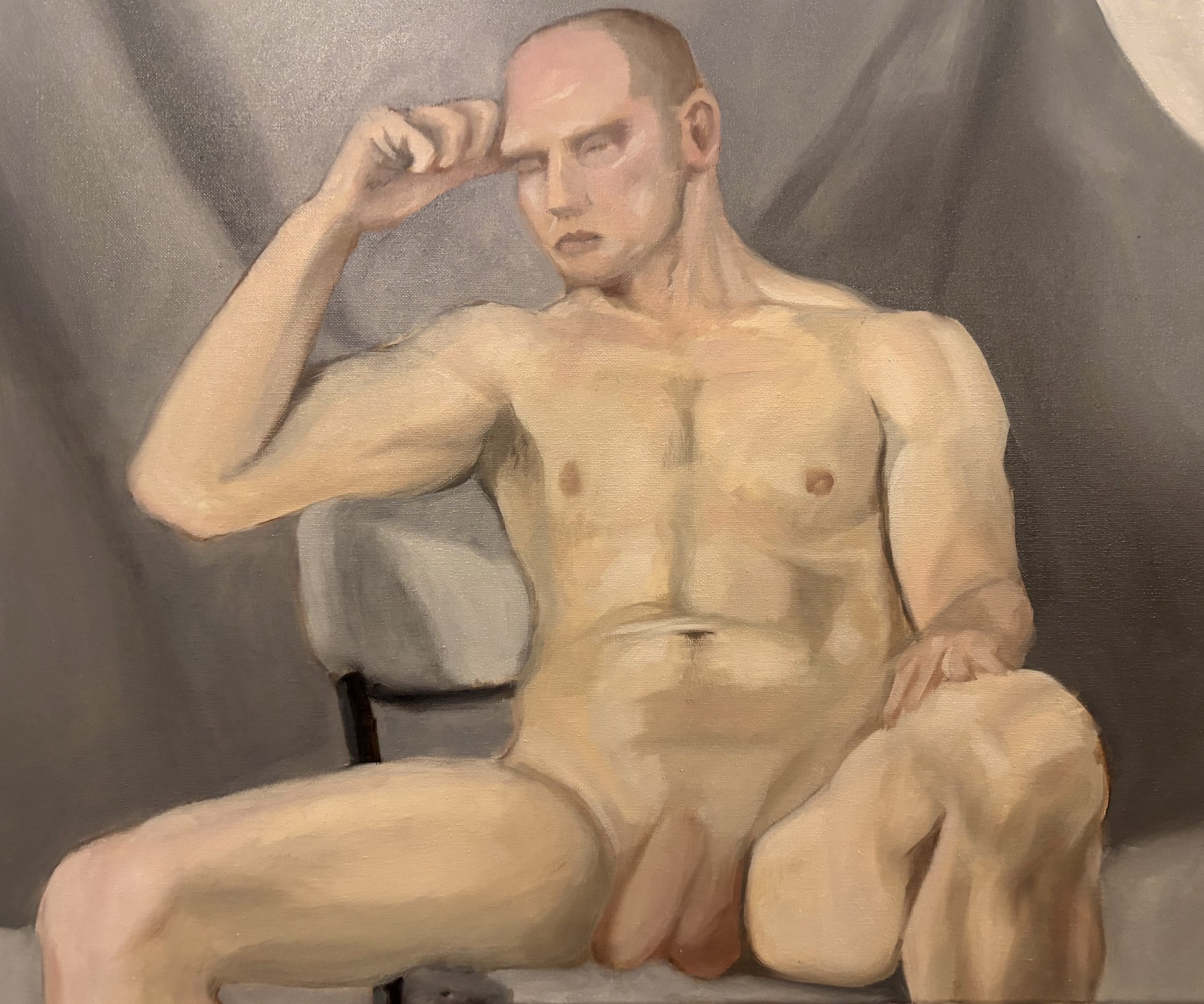 Painting of a nude male figure sitting on a chair, with one arm resting on his knee and the other hand touching his forehead, against a gray and black background.