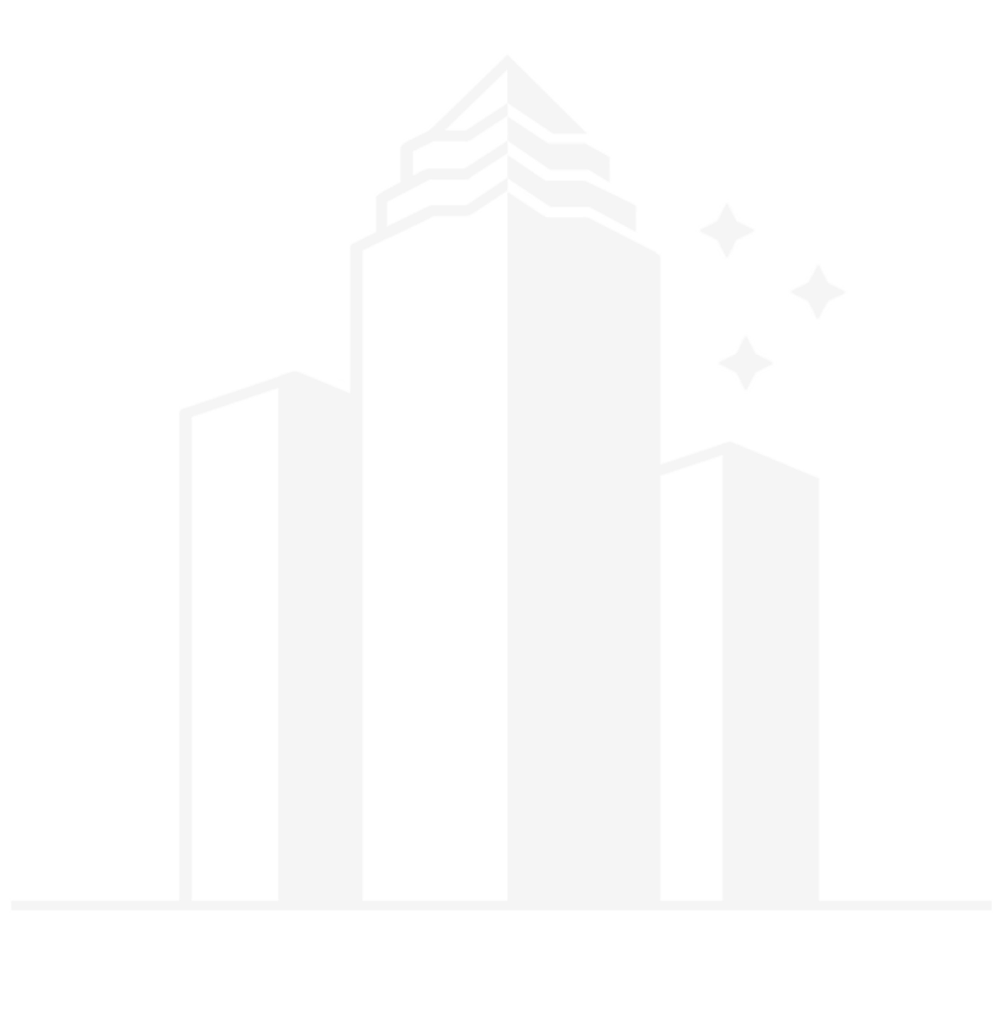 Black and white illustration of a bar chart with a tall building symbol in the center and three stars to the right.