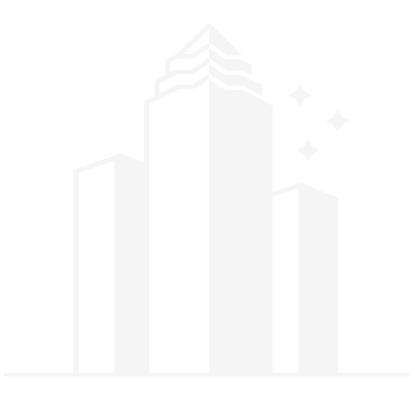 Black and white graphic of a city skyline with tall buildings and four stars or sparkle icons to the right.