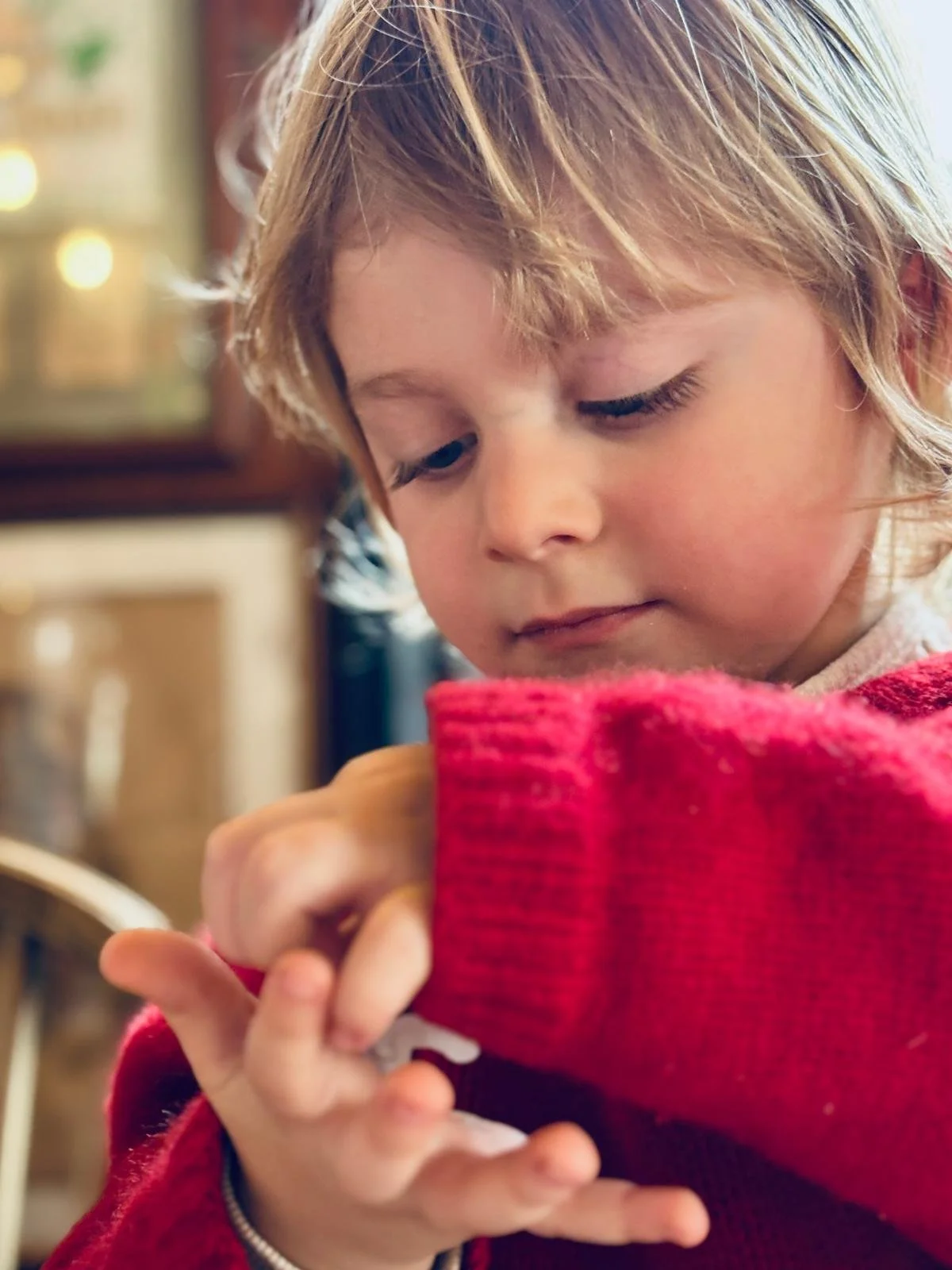 A young boy with blonde hair wearing a red sweater, looking closely at something in his hands.