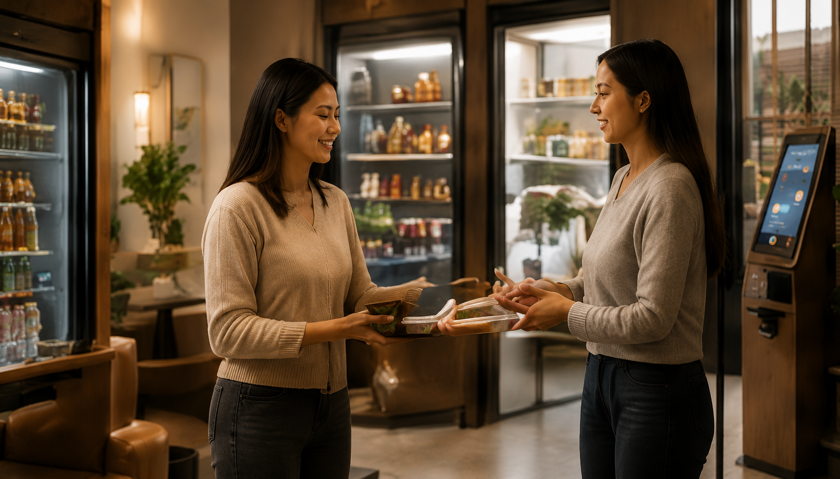 Two women in their luxury condominium shared amenity space that is serviced by company UMASHI Smart Markets exchanging packaged food items, smiling at each other.