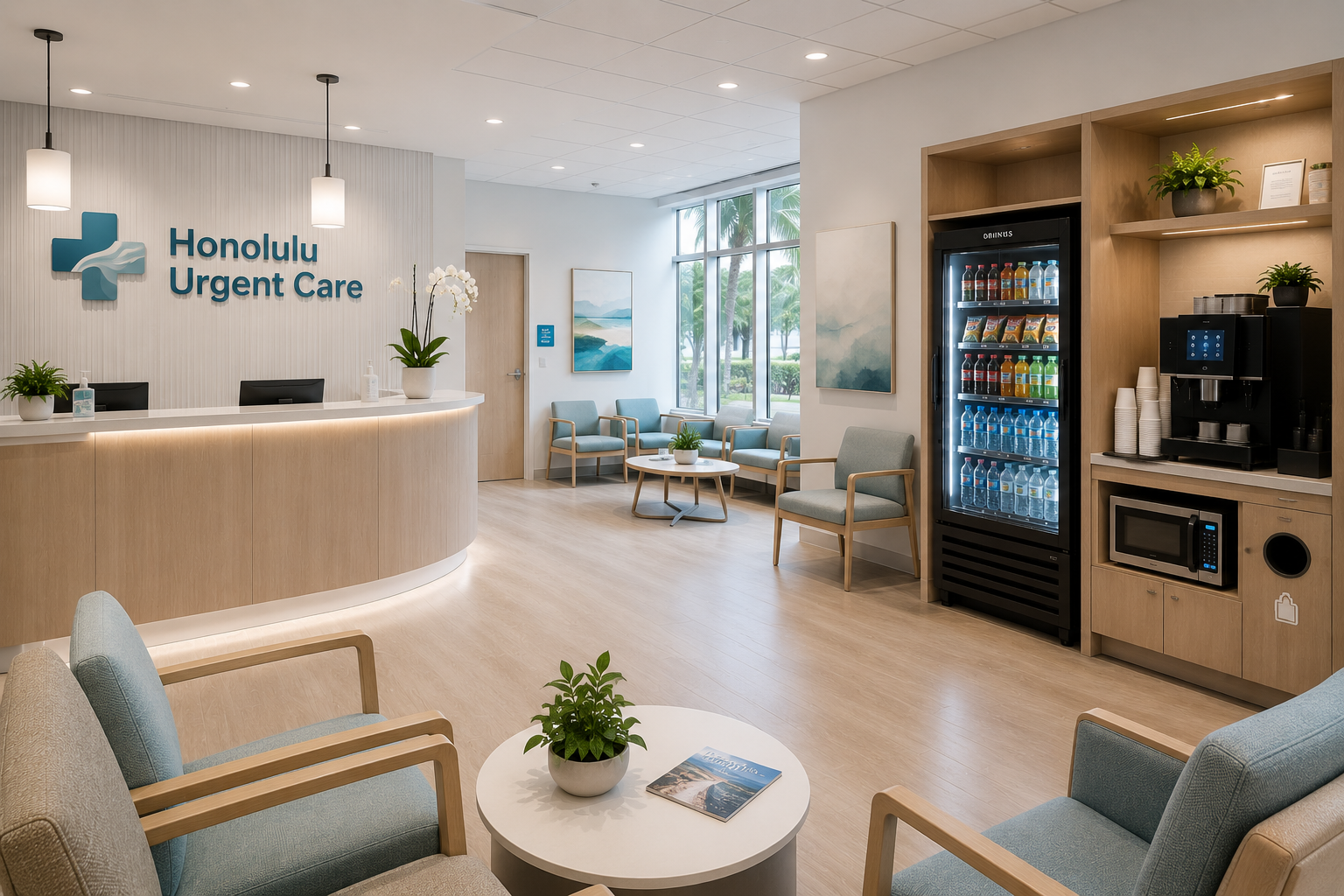 Bright, welcoming medical office reception or urgent care, hospital area with seating, a beverage station, and a vending machine serviced by UMASHI Smart Markets operated by UMASHI Vending Solutions, featuring light wood furniture and modern decor.
