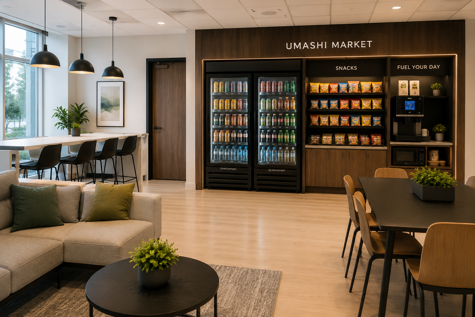 Interior of a modern coffee shop or lounge area with a seating couch, table, plants, and vending machines for drinks and snacks. serviced by vending company, UMASHI Smart Markets operated by UMASHI Vending Solutions, LLC