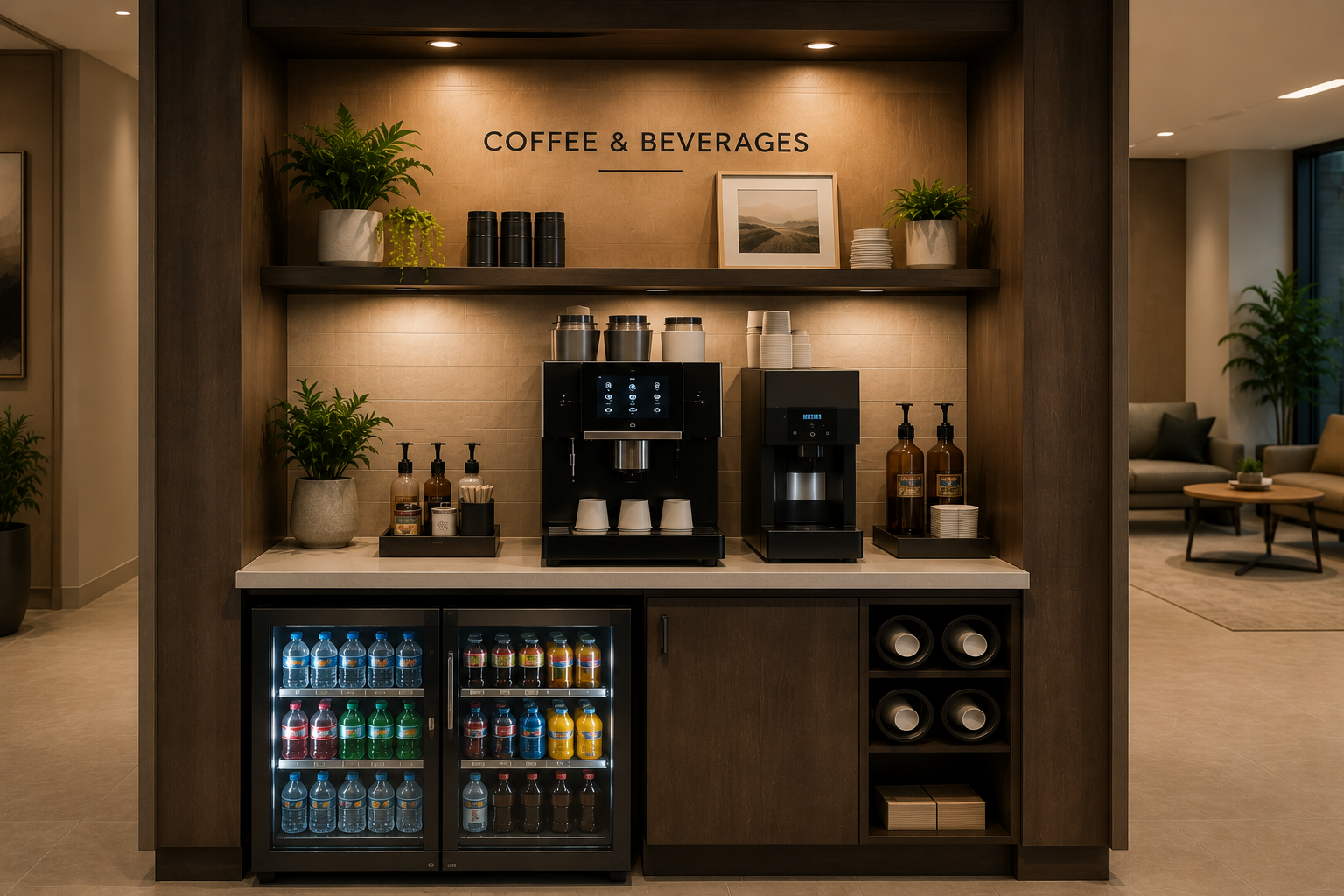 UMASHI Vending Solutions or Smart Markets machines placed under a Coffee station with two coffee machines, shelves with cups and plants, and a fridge stocked with bottled beverages in a modern lounge area.