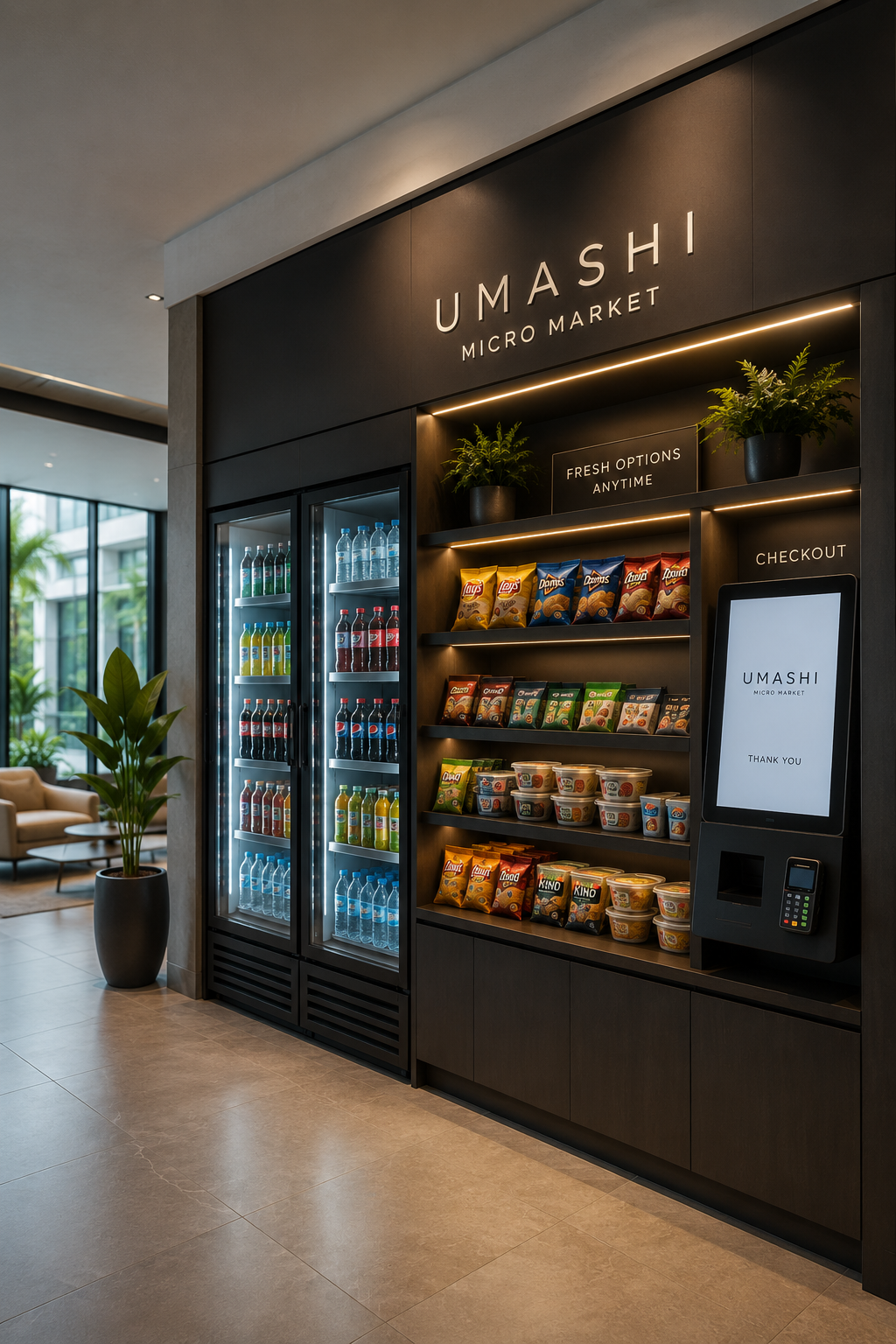 Micro Market and vending stocked with Snack and beverage essentials in a luxury condominium, with bottled drinks in a fridge, snack chips on shelves, and a touchscreen checkout kiosk in a modern, well-lit space with a potted plant. UMASHI