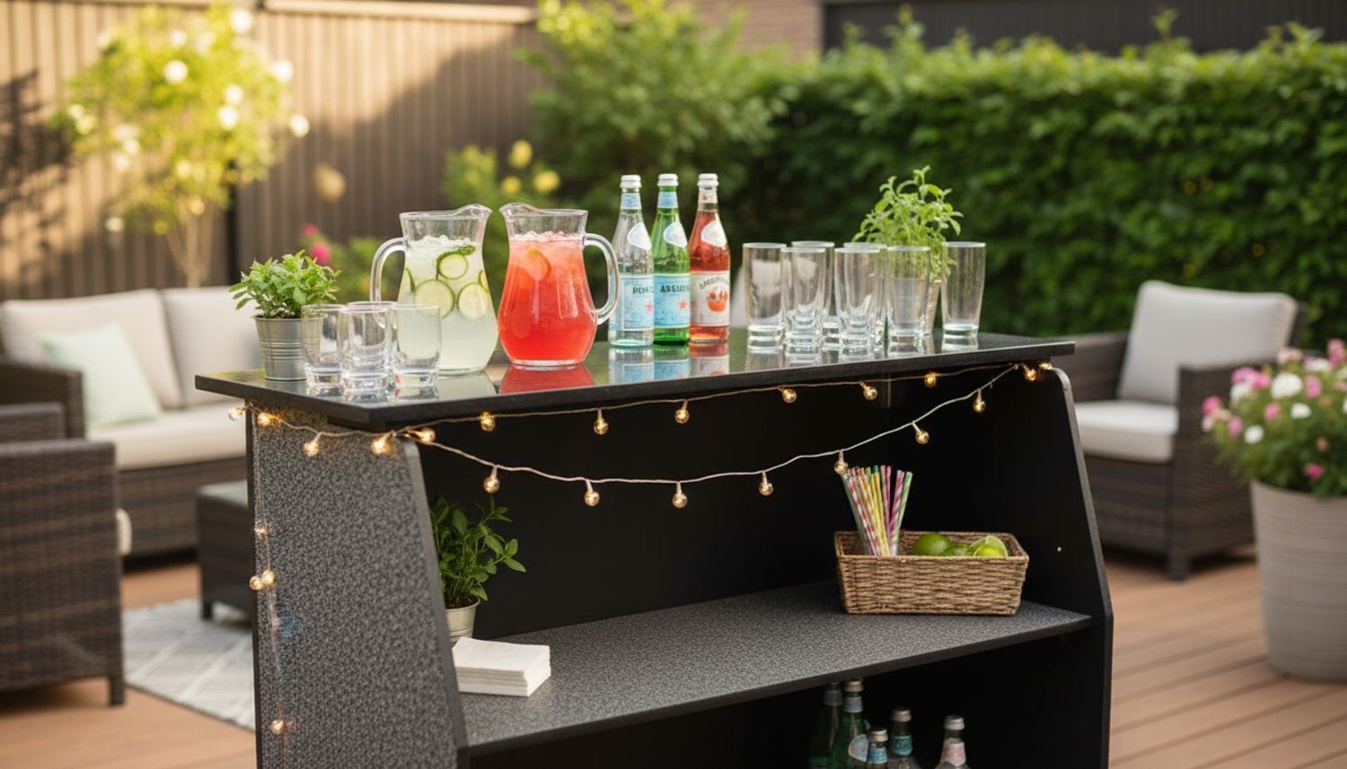 An outdoor party bar setup with drinks, glasses, and bottles on a black bar counter decorated with string lights, located on a patio with outdoor chairs, potted plants, and a hedge in the background.