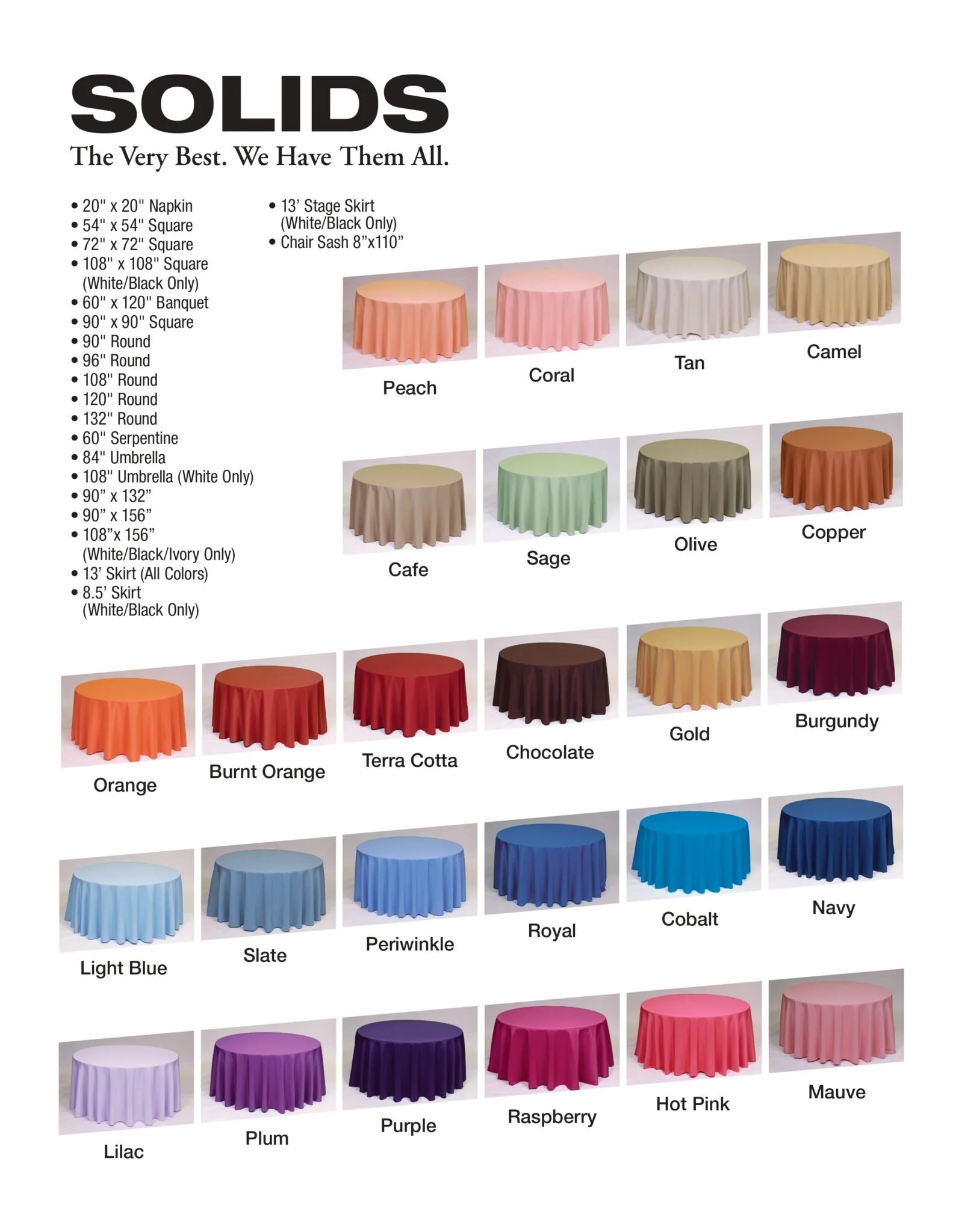 A catalog of tablecloths and toppers in various colors and sizes, with sample tables showing the different options.
