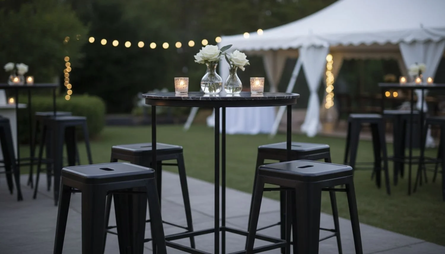 Outdoor evening setup with high tables and stools, decorated with candles and floral centerpieces, with a lit tent in the background.
