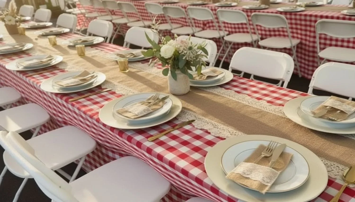 Upscale red and white picnic linen placd on a set table