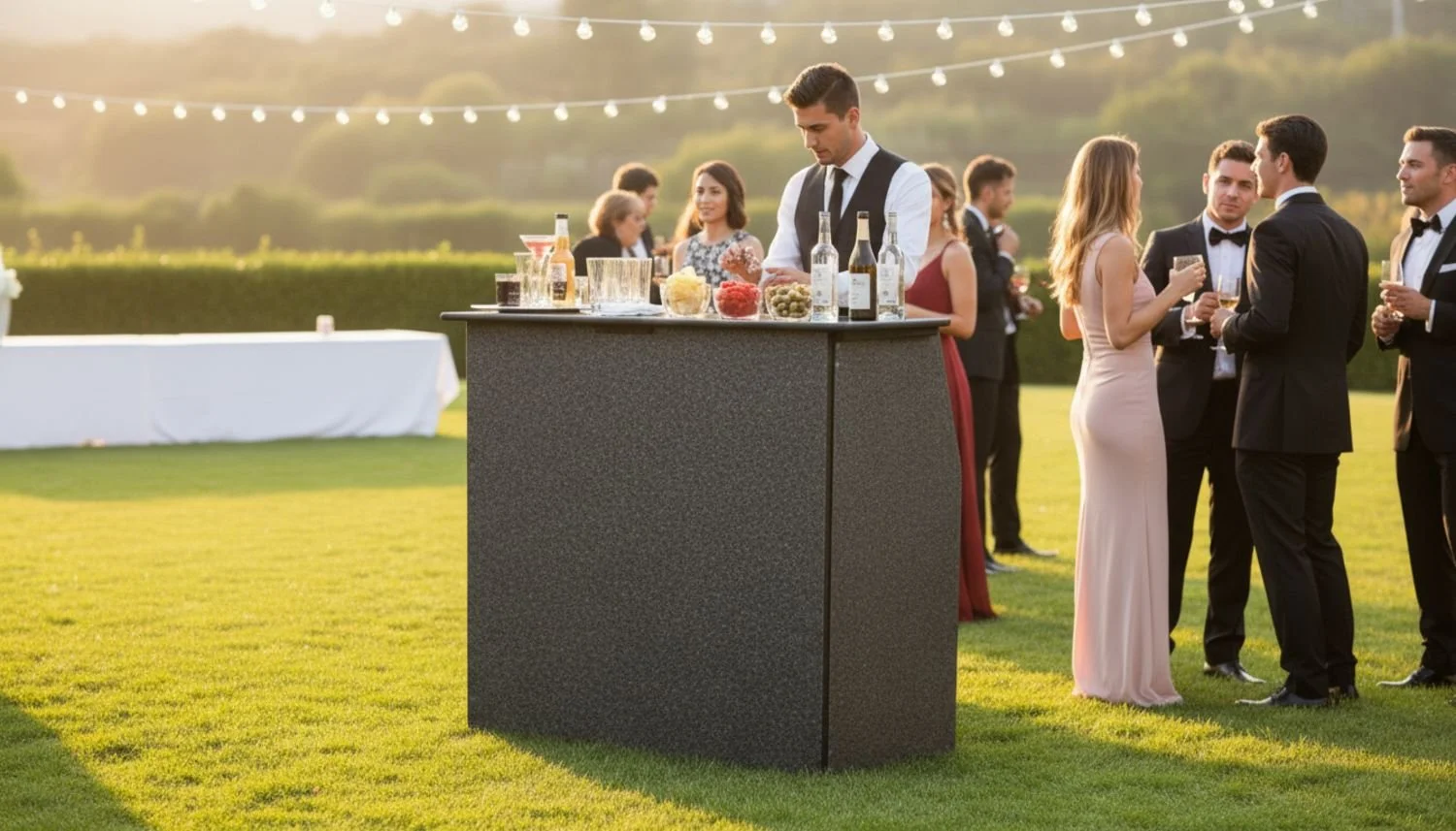 Bartender mixing up drinks behind a bar while wedding guests chat around him