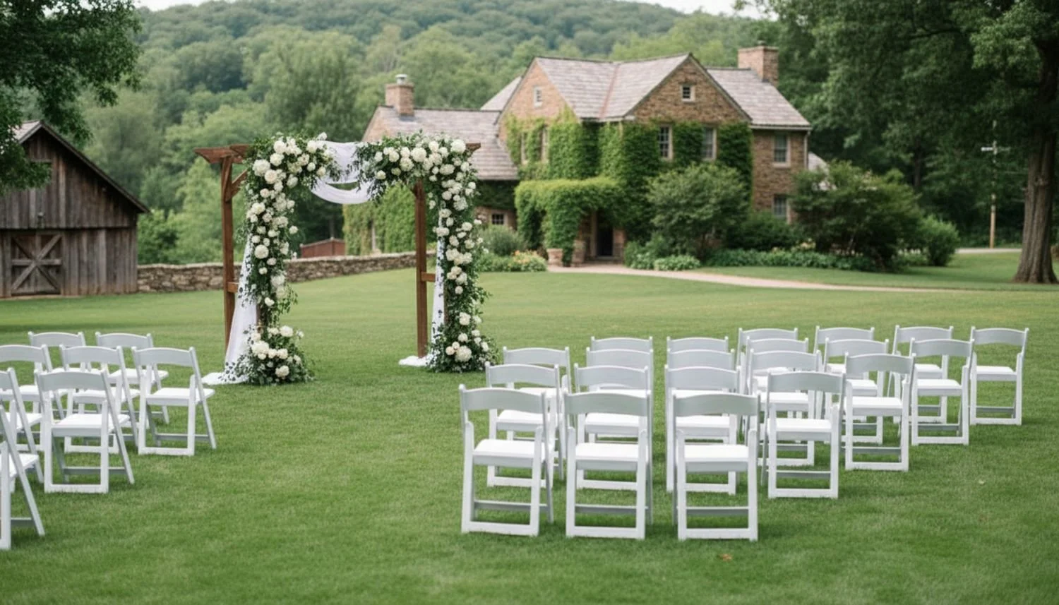 Fancy white folding chairs arranged in front of an alter for a wedding ceremony