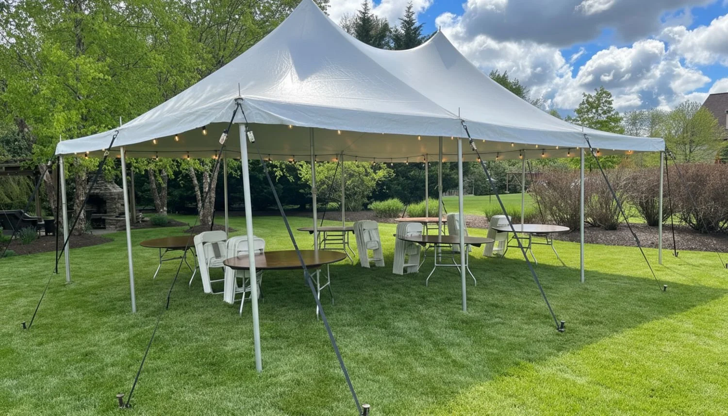 Outdoor scene with a large white event tent set up on a grassy lawn, surrounded by trees and shrubs, with tables and chairs underneath the tent and a partly cloudy sky overhead.