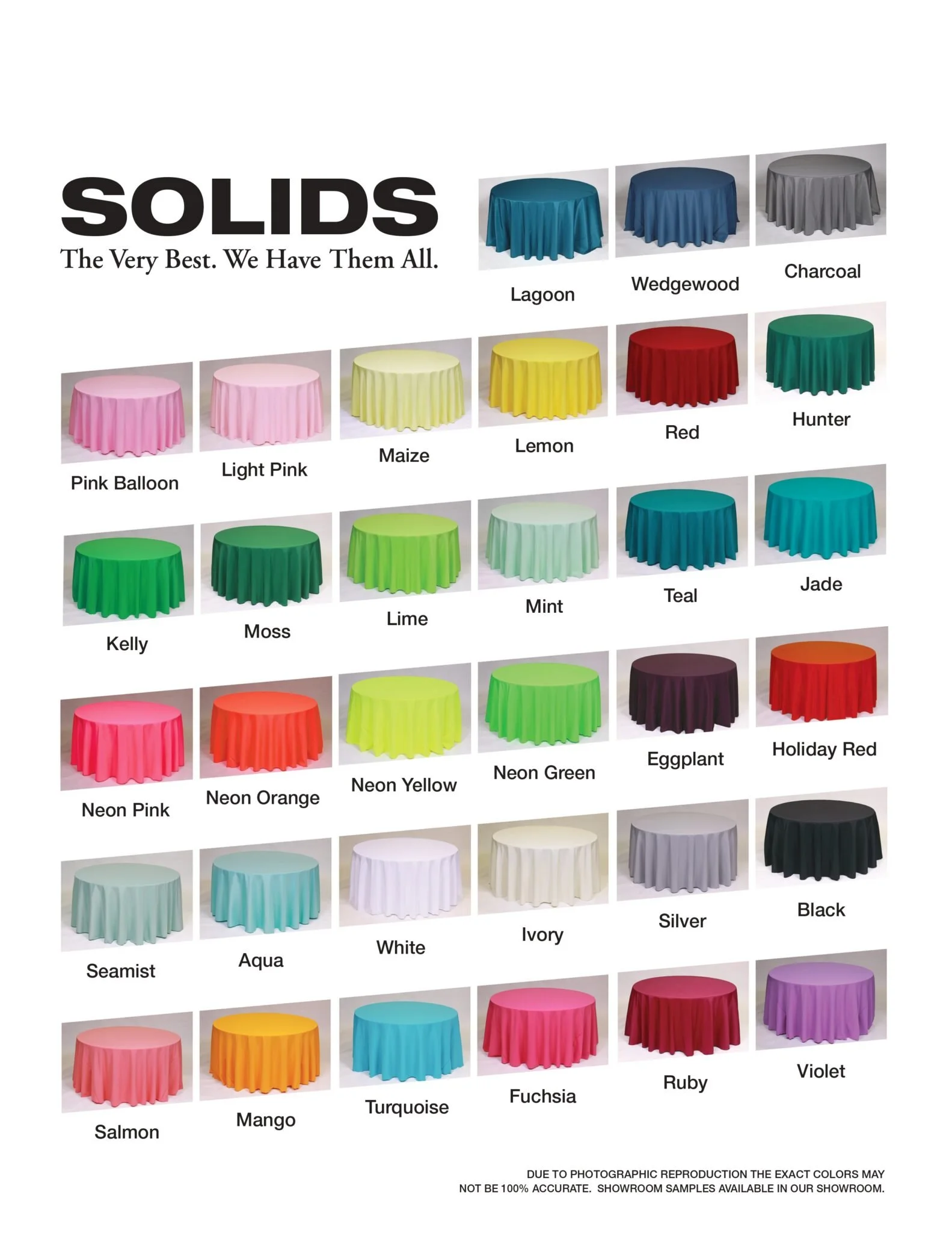 Color chart of round tablecloths in various colors, with sample fabric textures, labeled with color names.
