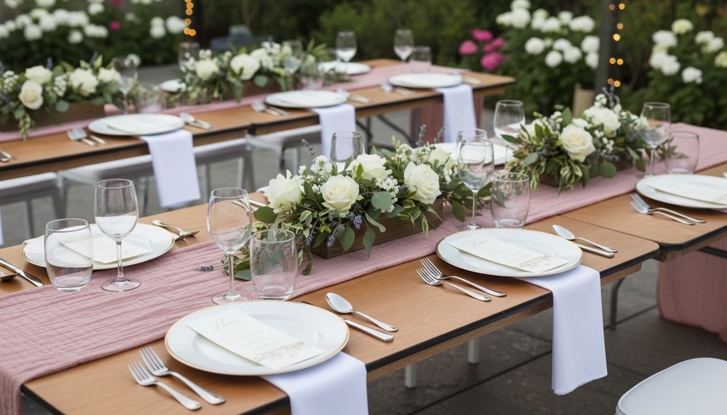 A decorated outdoor dining table with floral centerpieces, white plates, and glassware, set for a formal event.