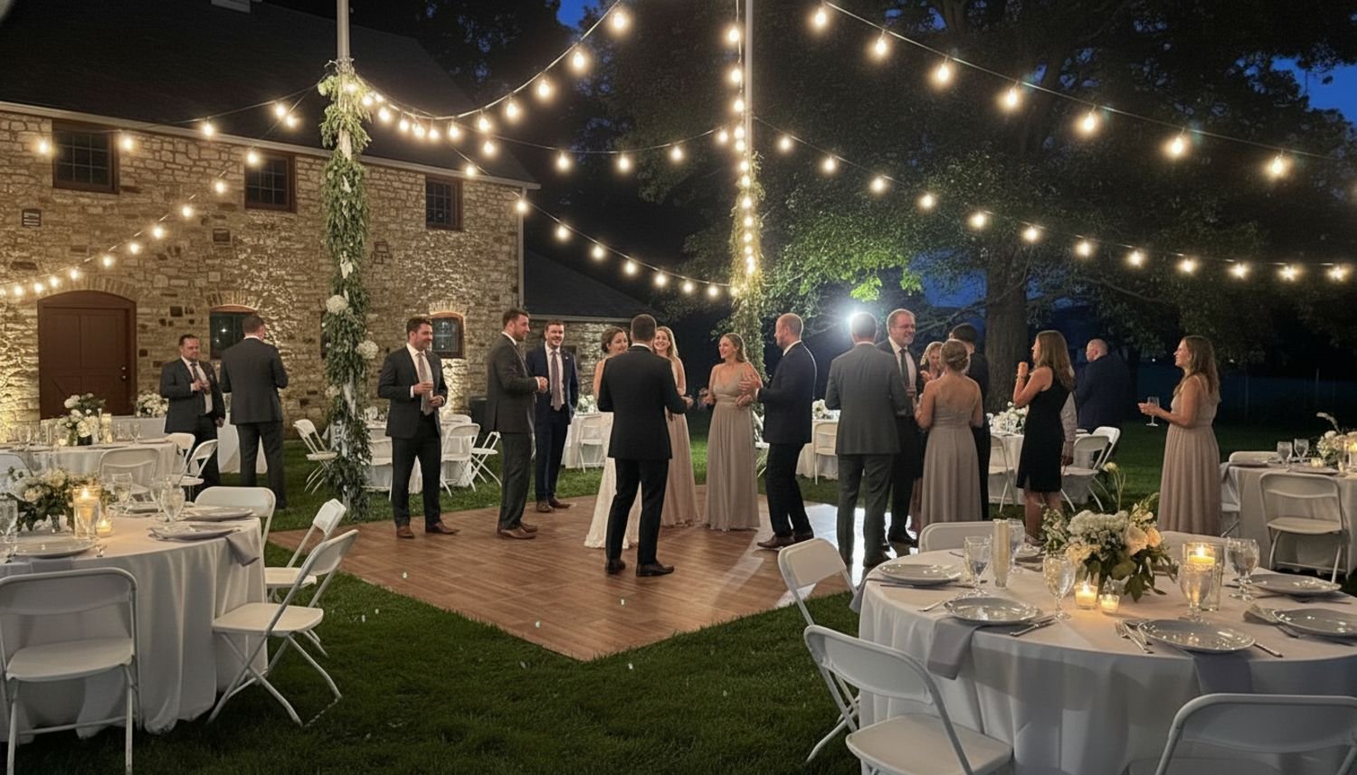 Guests on a dance floor with twinkling lights above