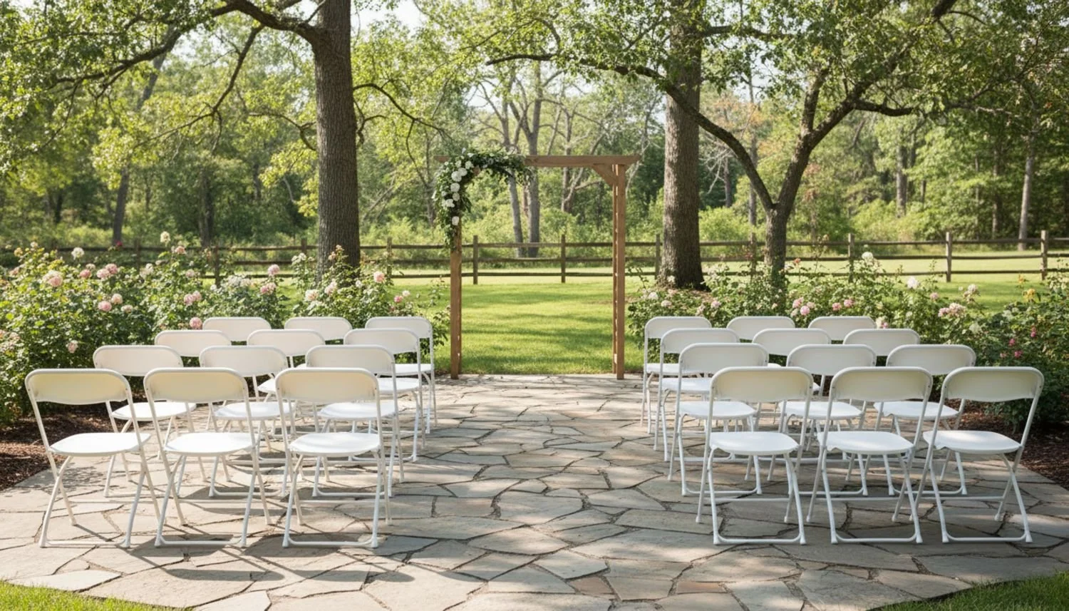 Outdoor wedding ceremony setup with white chairs arranged on a stone patio, a wooden arch decorated with flowers, and surrounded by greenery and trees.