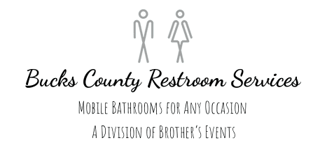 Logo for Bucks County Restroom Services with icons of male and female figures, and text about mobile bathrooms and division of Brothers' Events.