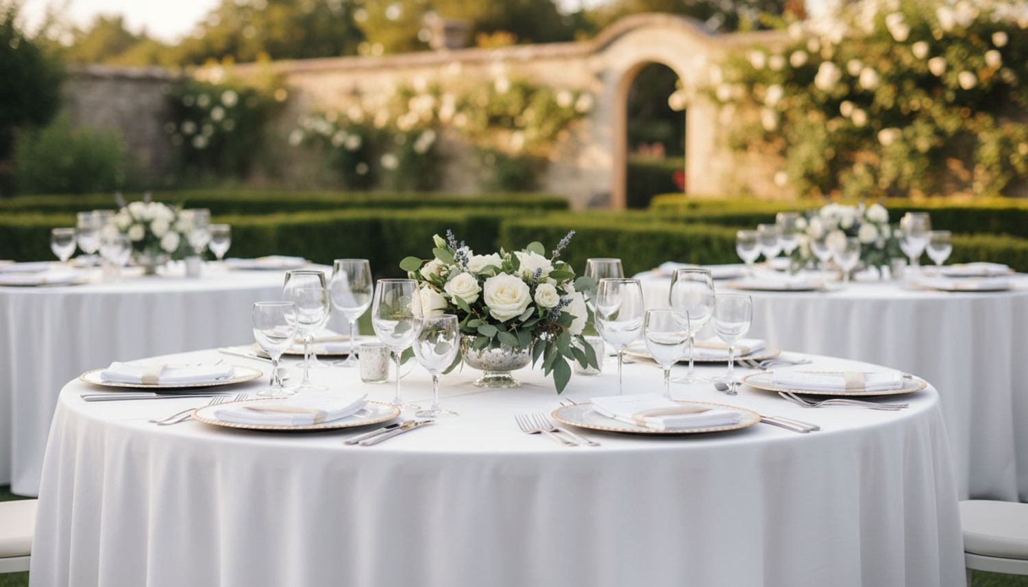 Elegant outdoor dining setup with round tables covered in white tablecloths, each with glassware, plates, silverware, and floral centerpieces of white roses and greenery, set against a garden with greenery and stone wall in the background.
