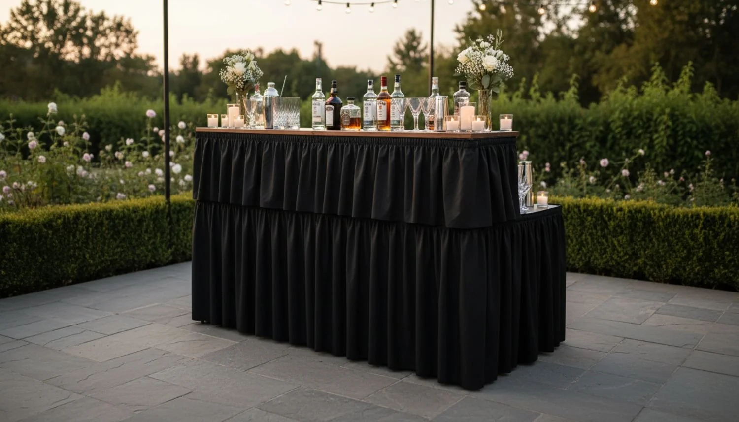 Bar table with various bottles of liquor, glassware, candles, and floral arrangements, set outdoors during sunset.