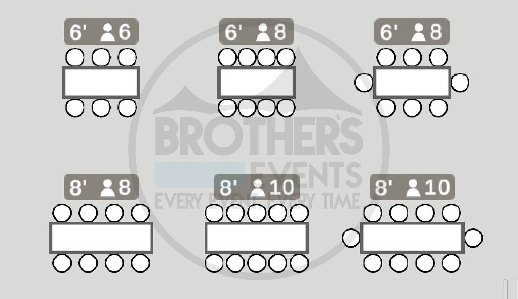 Diagram of six different table setups with varying sizes and number of seats for a game or event, with labels indicating table dimensions and seating capacity.