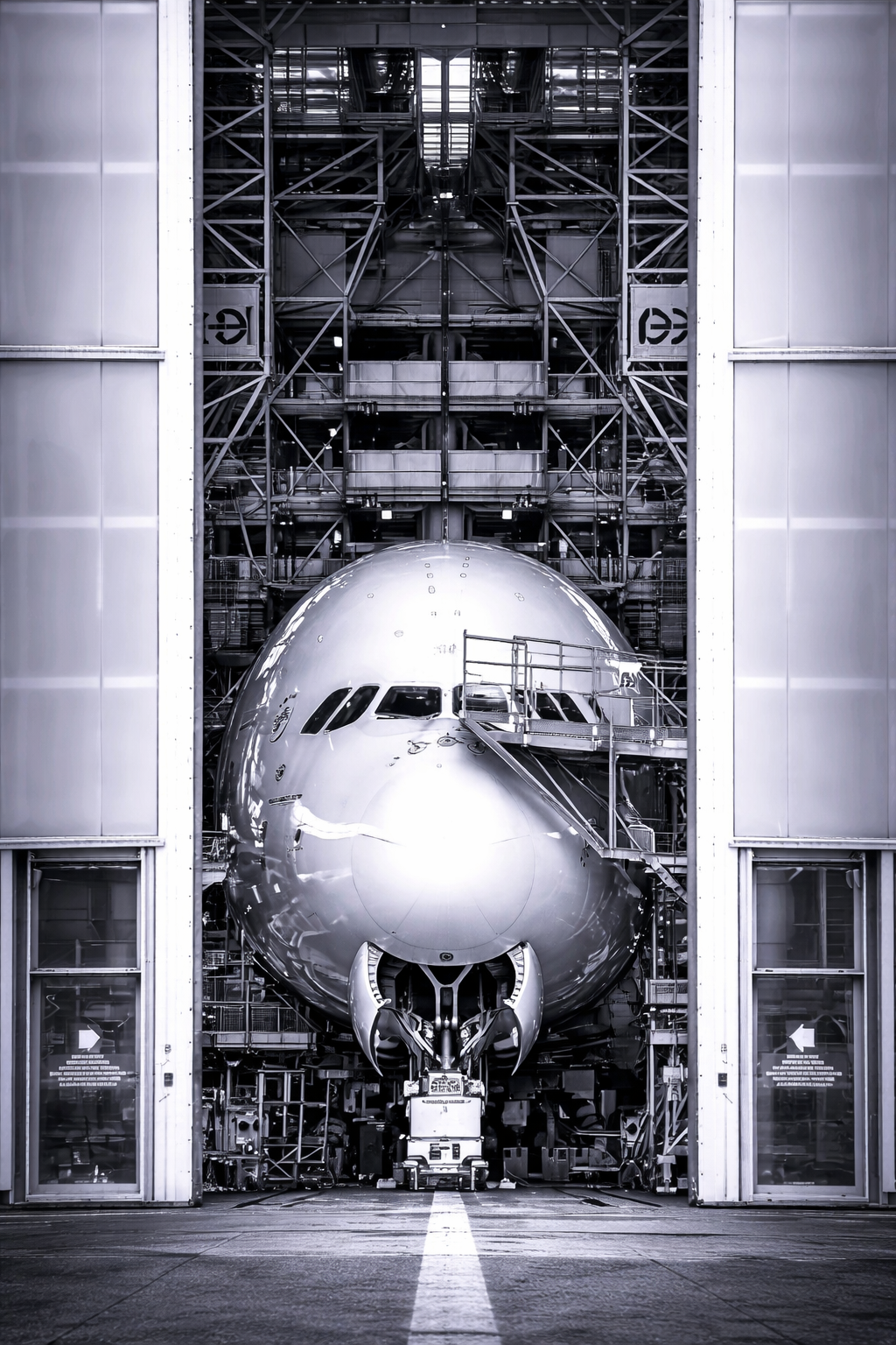 Un avión de pasajeros en un hangar de mantenimiento con estructura metálica y equipo de servicios alrededor.