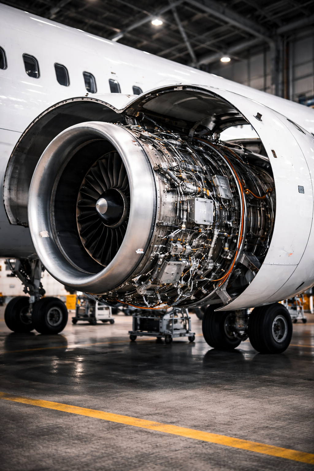 Vista cercana del motor de un avión en un hangar, con partes metálicas expuestas.