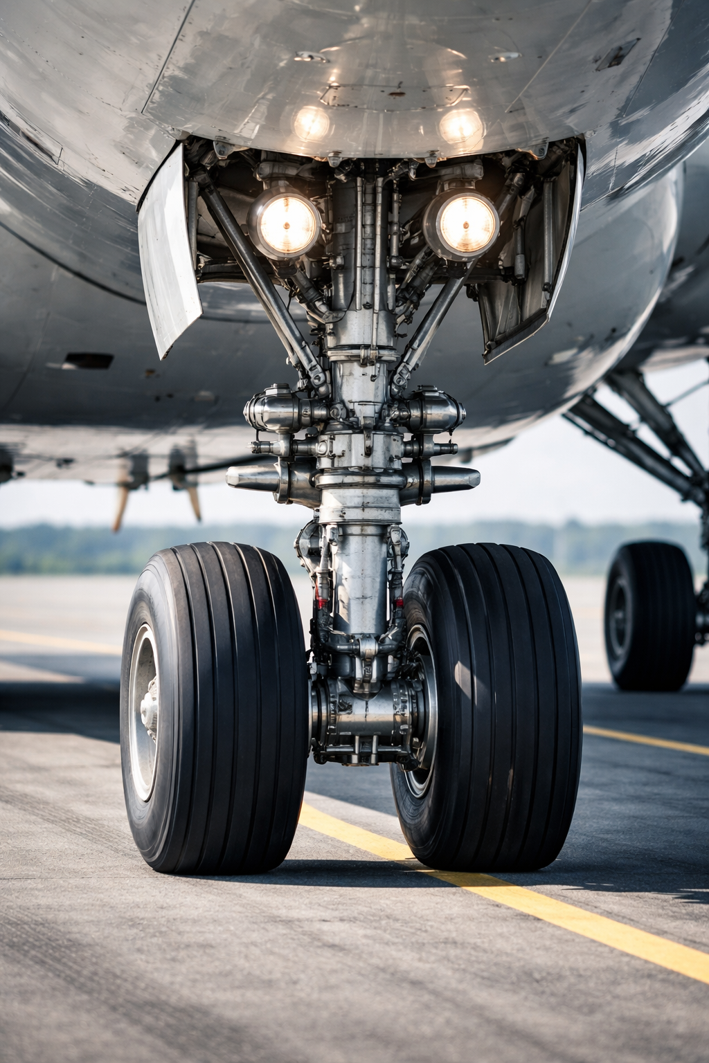 Vista frontal del tren de aterrizaje de un avión, con neumáticos grandes y componentes metálicos, en una pista de aeropuerto.