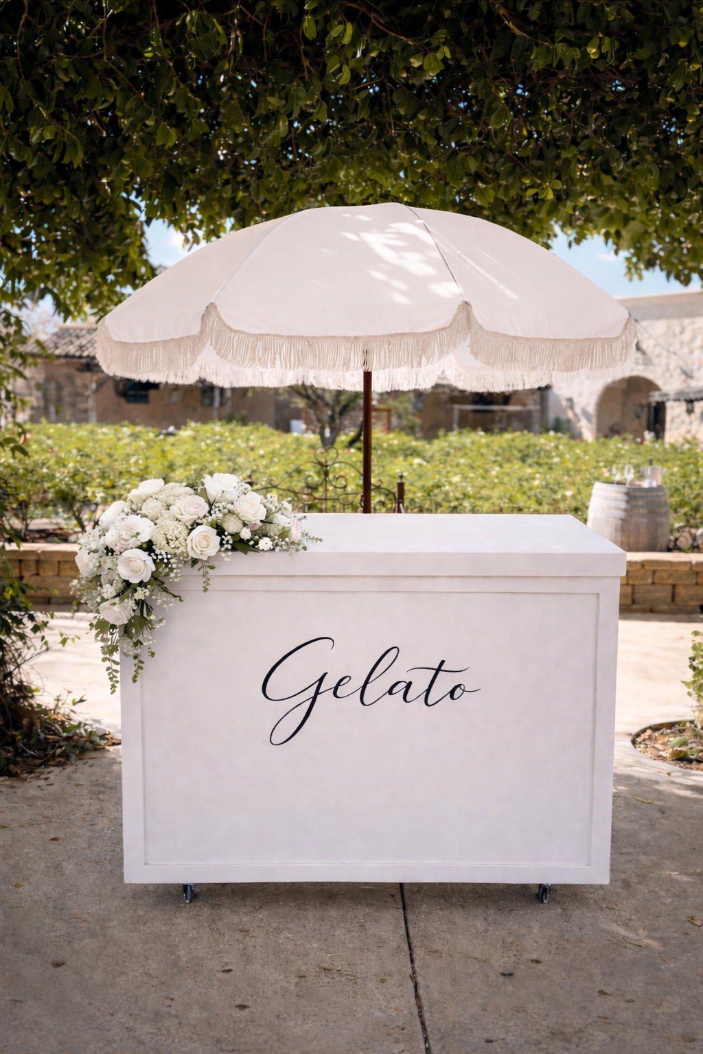 Elegant gelato cart with floral accents.png