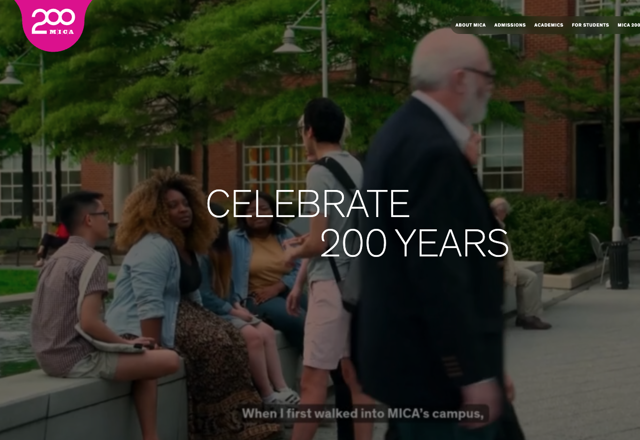 Students sitting on a brick ledge outdoors on a university campus, with a green tree and red brick buildings in the background. Overlaid text reads 'Celebrate 200 Years'.