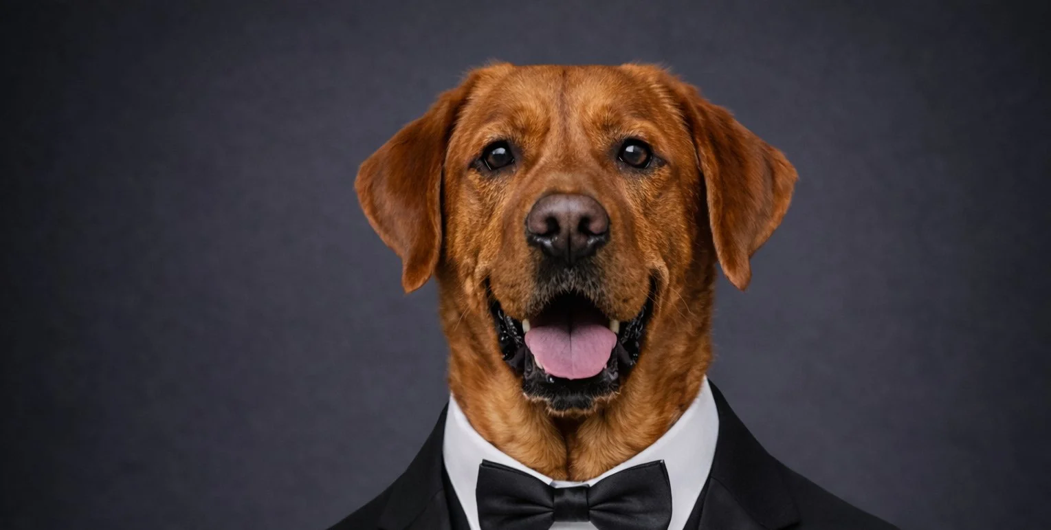 A dog dressed in a tuxedo with a bow tie, against a white background.