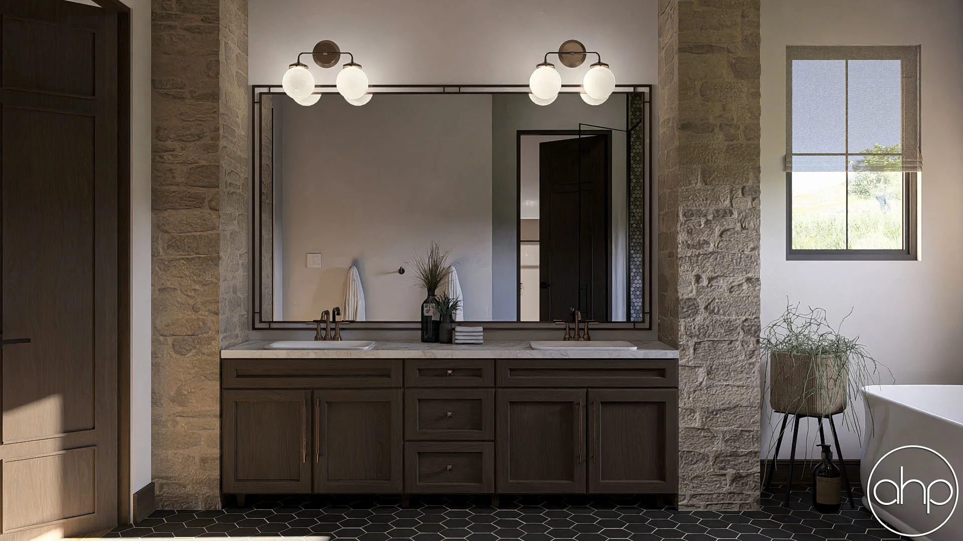 A modern bathroom featuring a double vanity with dark wood cabinets, a large mirror, and two sinks. Above the mirror are two wall-mounted light fixtures with three globe-shaped bulbs each. The space is decorated with a small plant, a stack of books, and white towels. There's a window with a blue roller shade, and a tall potted plant near a white bathtub. The floor is covered with black hexagonal tiles, and the walls have a combination of stone and painted surfaces.