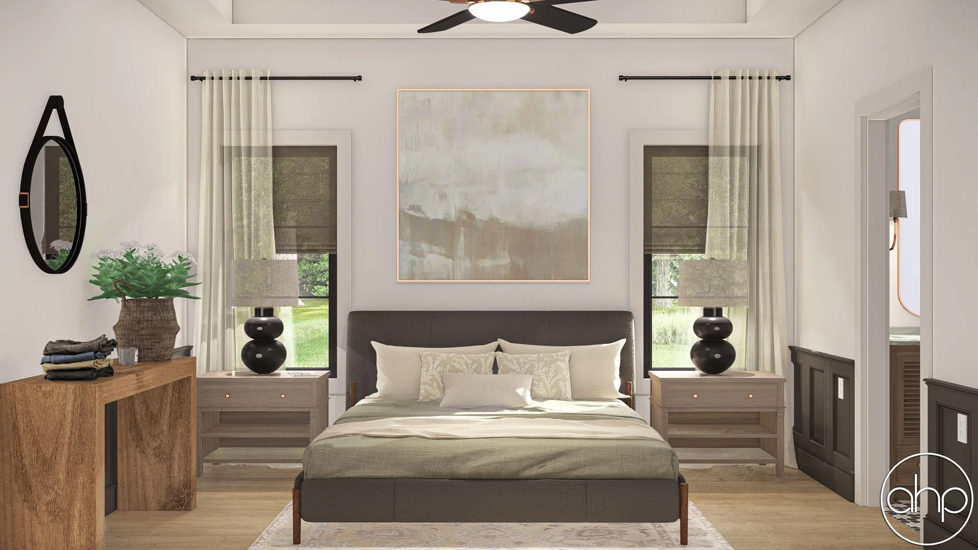 Modern bedroom with a bed, nightstands, lamps, a large abstract painting, windows with curtains, and a ceiling fan.