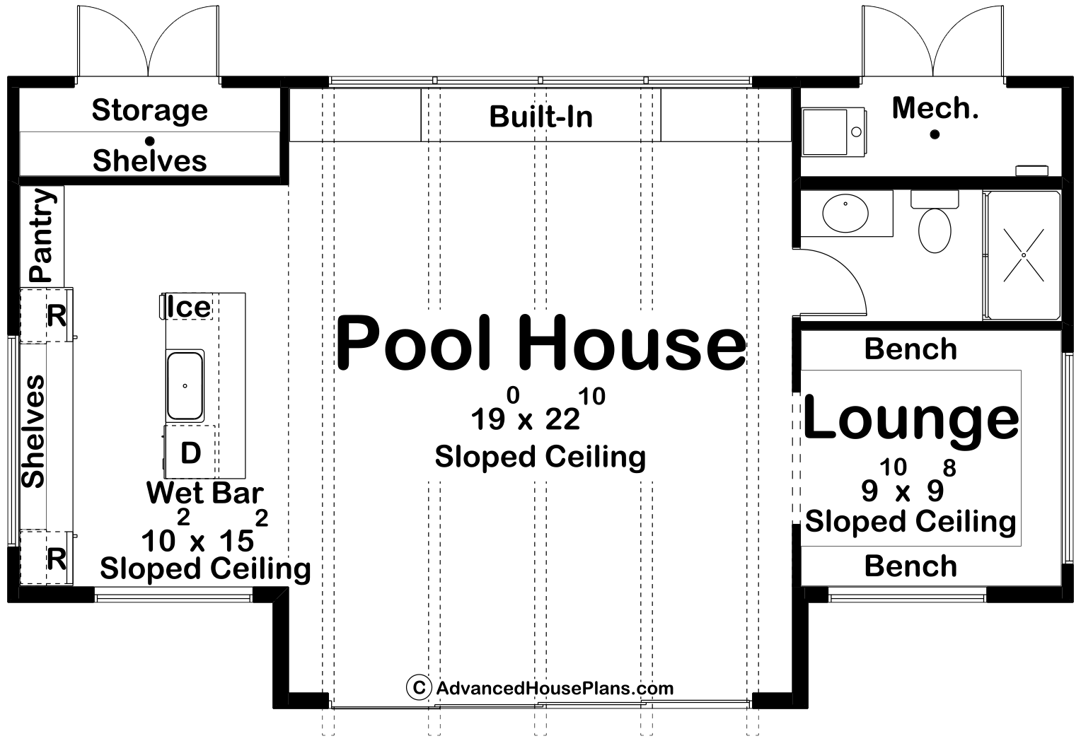 Floor plan of a pool house with a large central area labeled 'Pool House', a lounge with a bench on the right, a bathroom with a toilet, sink, and shower in the top right corner, a mechanical room adjacent to it, a built-in storage area, an ice and wet bar section on the left, and shelves and pantry storage around the left side. The pool house has a sloped ceiling.