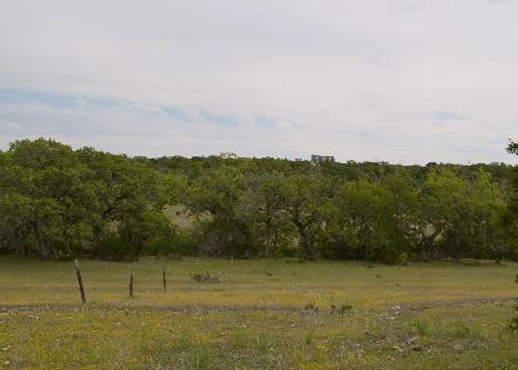 Open grassy field with sparse fencing and numerous trees, under a partly cloudy sky, with a distant structure visible on the horizon.