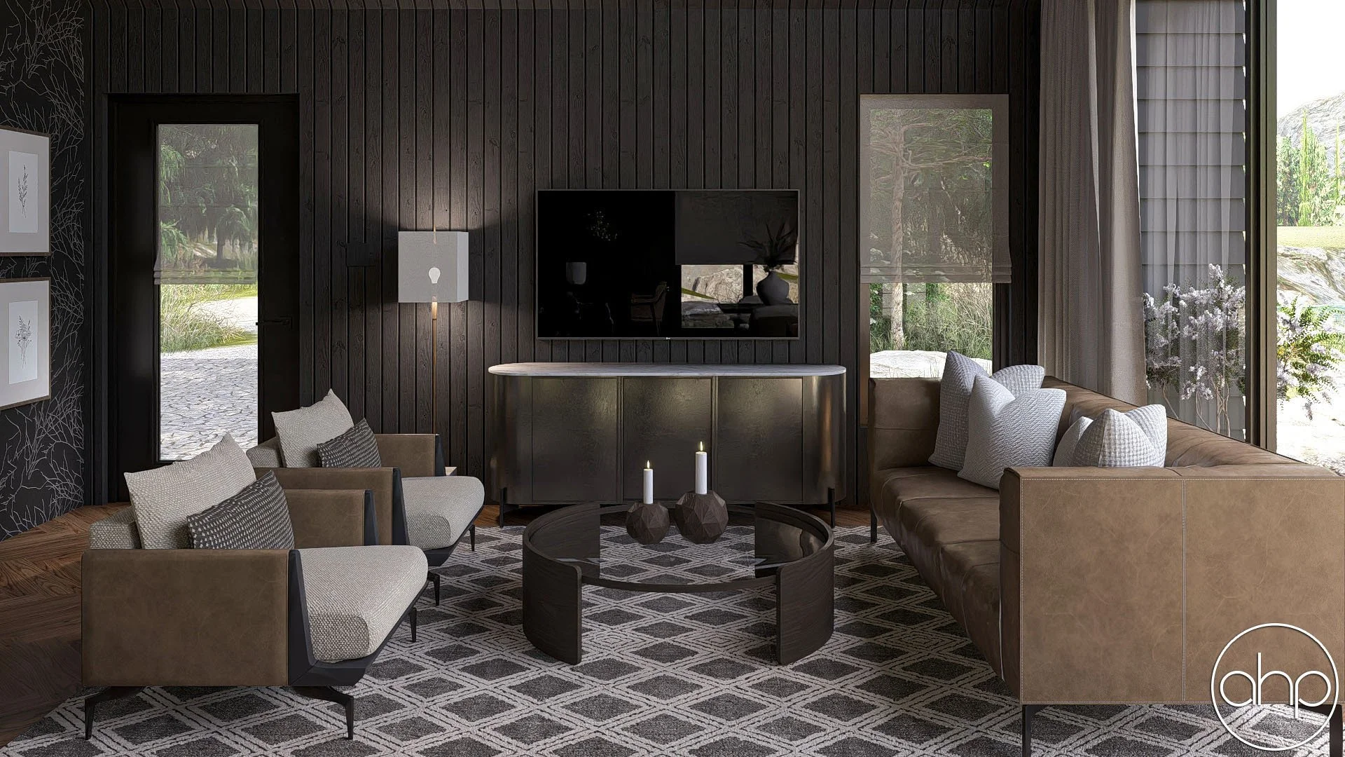 Living room with black walls, beige sofa, gray armchairs, a black coffee table with candles, a silver console table, a wall-mounted TV, and large windows with curtains showing a garden outside.