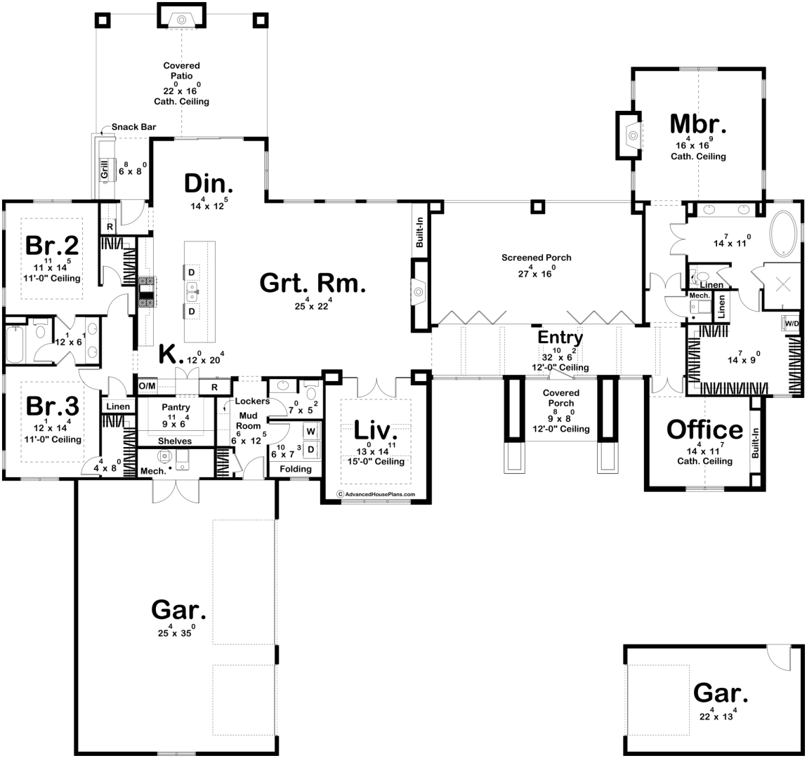 A detailed house floor plan showing various rooms including a garage, bedrooms, bathrooms, living room, dining area, kitchen, office, screened porch, covered patio, and other features with measurements and labels.