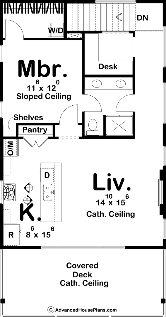 Floor plan of a house showing a master bedroom, kitchen, living room, bathroom, laundry area, storage, and a covered deck.