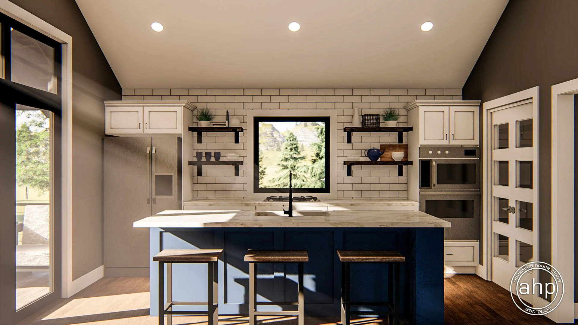Modern kitchen with white cabinets, black open shelving, a central island with bar stools, and a window revealing a backyard view.