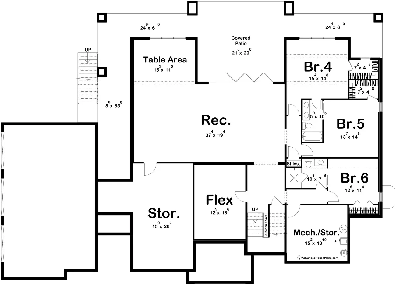 Floor plan of a house with labeled rooms including Rec, Table Area, Covered Patio, multiple bedrooms, bathrooms, storage, and mechanical rooms.